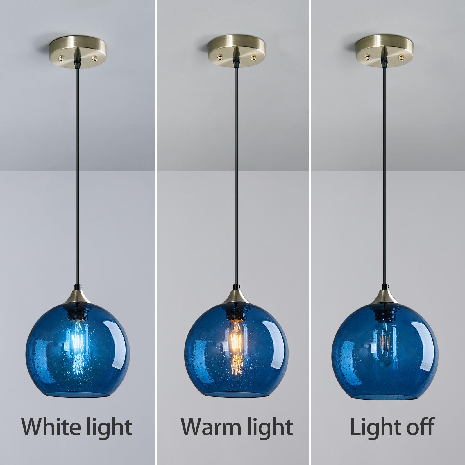 Modern Blue Glass Pendant Lights - 3-Pack Globe Pendant Light Fixtures for Kitchen Island, Bedroom, Living & Dining Room (7.87in) | Stylish Ambient Lighting for Home Decor & Restaurant Settings