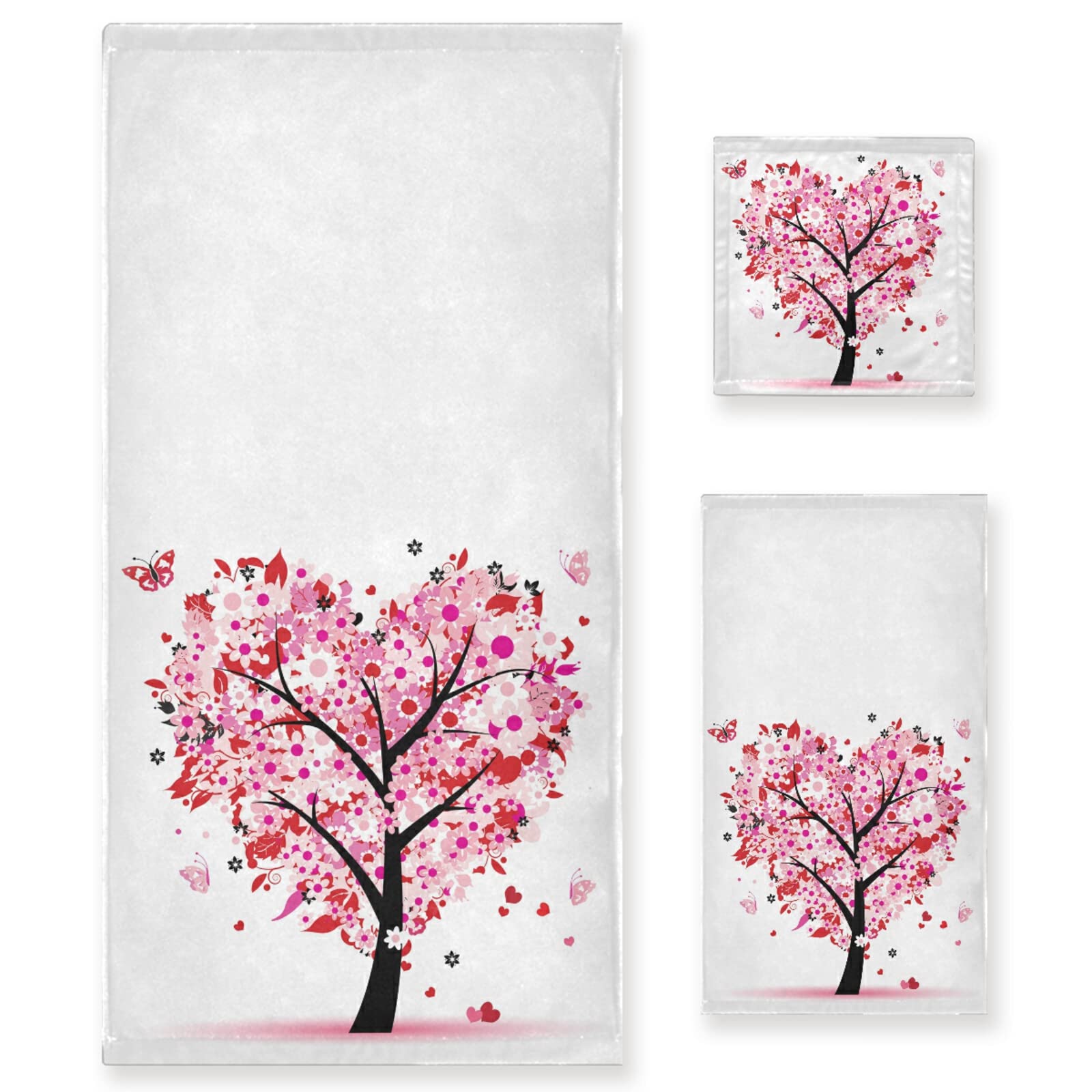 Pfrewn 3-Piece Pink Floral Heart Tree Bath Towel Set - Soft Absorbent Hand Towels, Washcloths & Guest Towels for Bathroom Decor | Romantic Valentine's Day Gift for Mom, Spring Home Decor & Bridal Shower Essentials