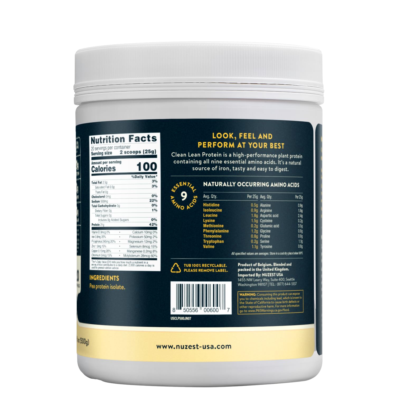 Nuzest Clean Lean Vegan Pea Protein Powder - Premium Plant Based Protein, Dairy Free, Gluten Free, Non-GMO, Unflavored (1.1 lb, 20 Servings) - Perfect for Post-Workout Recovery, Smoothies & Healthy Baking