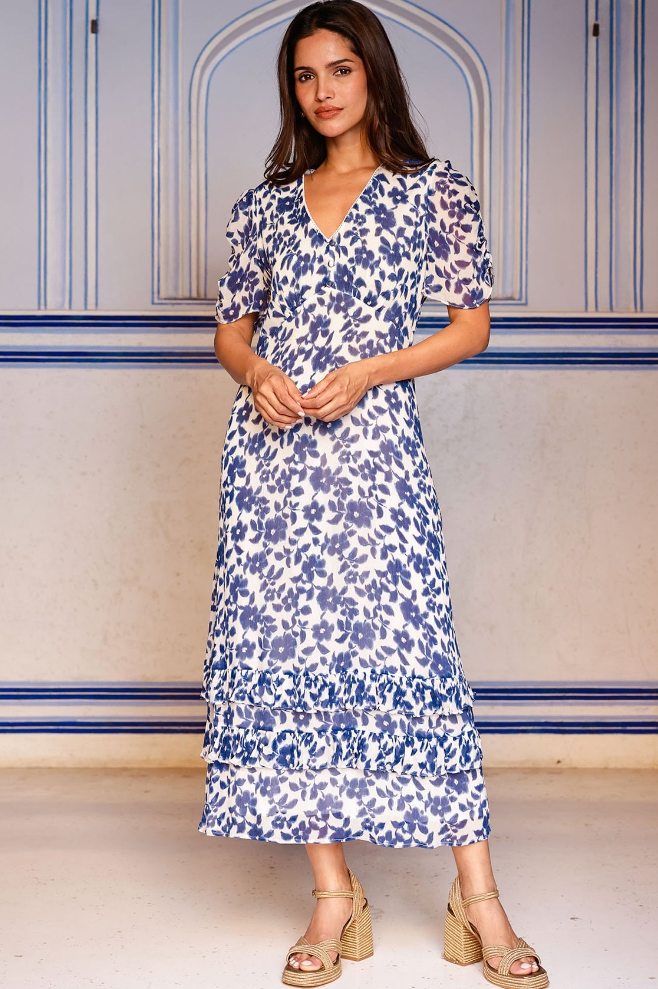 Ellery Floral Print Dress for Women - Blossom Cream & Navy Blue - Perfect for Spring Weddings, Garden Parties & Summer Outings