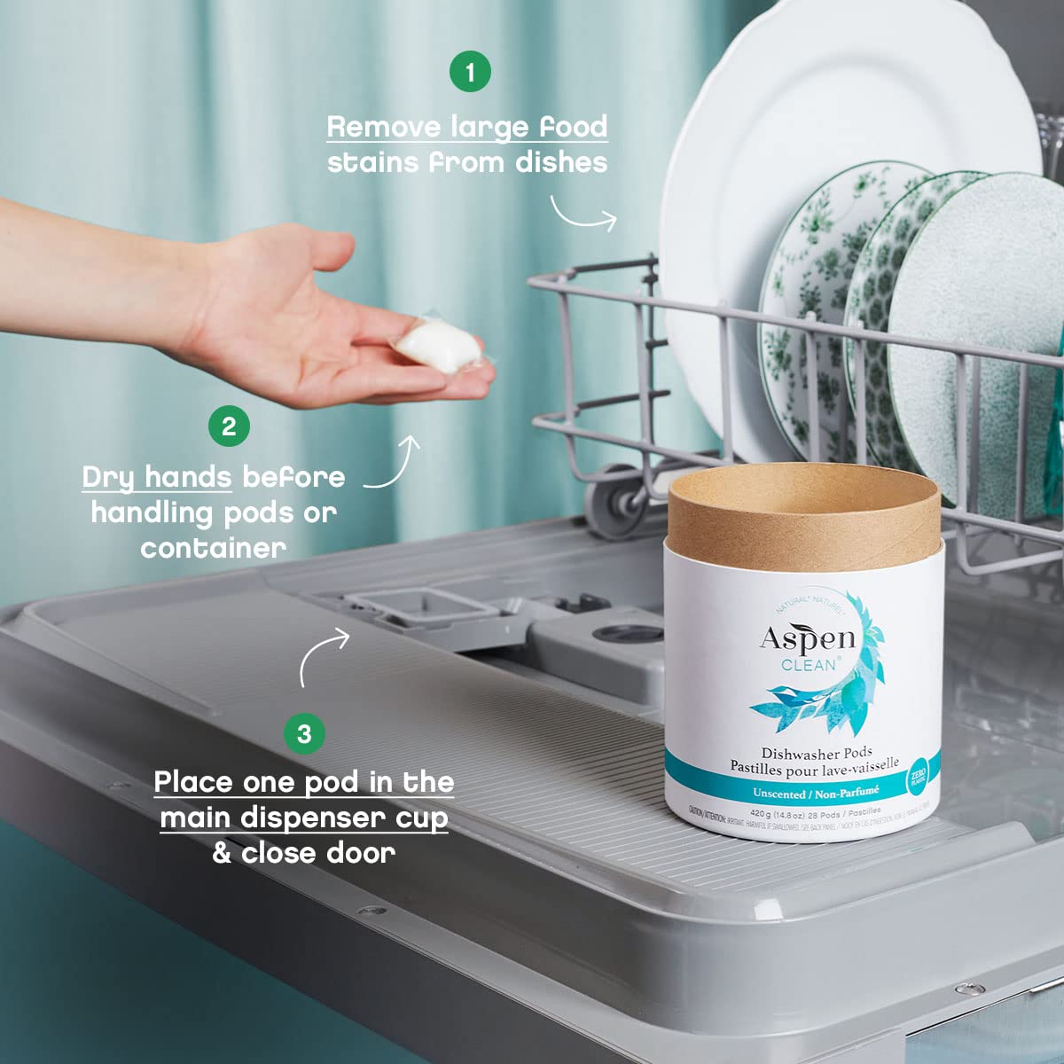 AspenClean Unscented Dishwasher Pods - Dye-Free, Plastic-Free, EWG Verified™, Vegan & Eco-Friendly Natural Dishwasher Detergent (28 Count) - Perfect for Sensitive Skin & Sustainable Kitchens