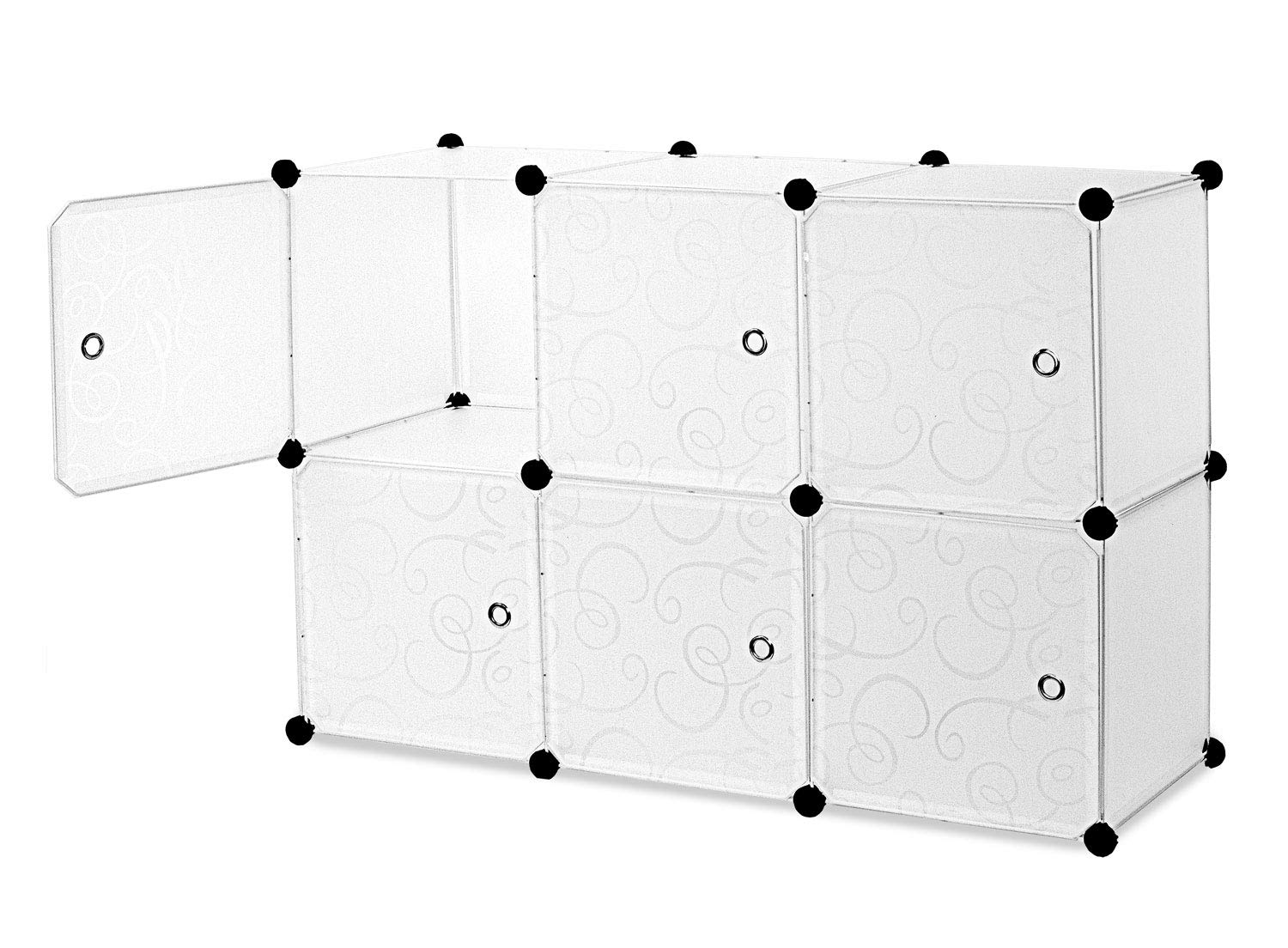6-Cube Storage Organizer | Stackable Modular Closet Shelves with Doors & Hammer, Translucent White (42