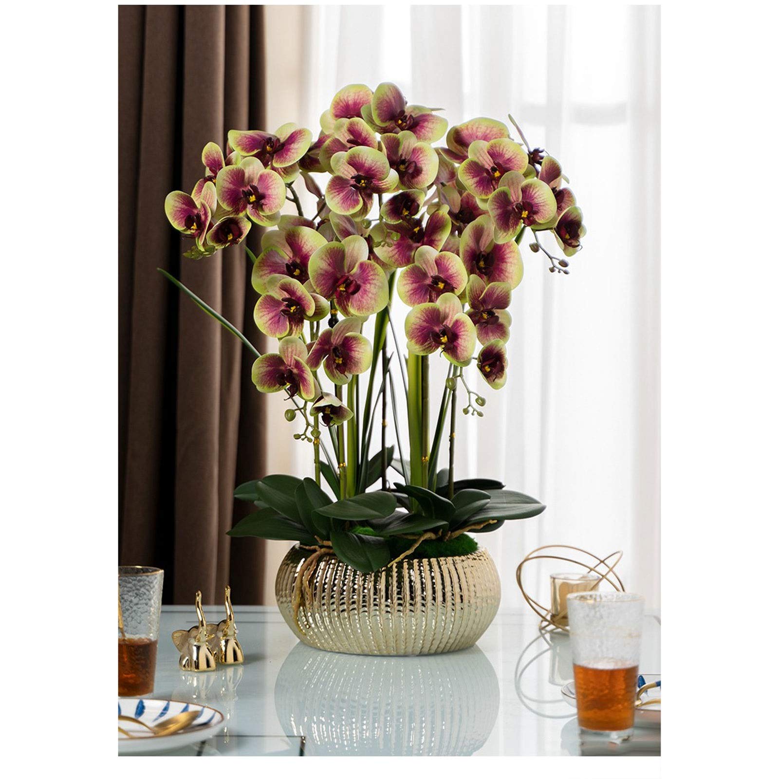 Premium Artificial Silk Phalaenopsis Orchid Flower Arrangement with Ceramic Vase - Elegant Yellow Faux Orchids for Wedding Centerpieces, Party Decor & Dining Table Decoration - Perfect for Home, Office & Event Styling