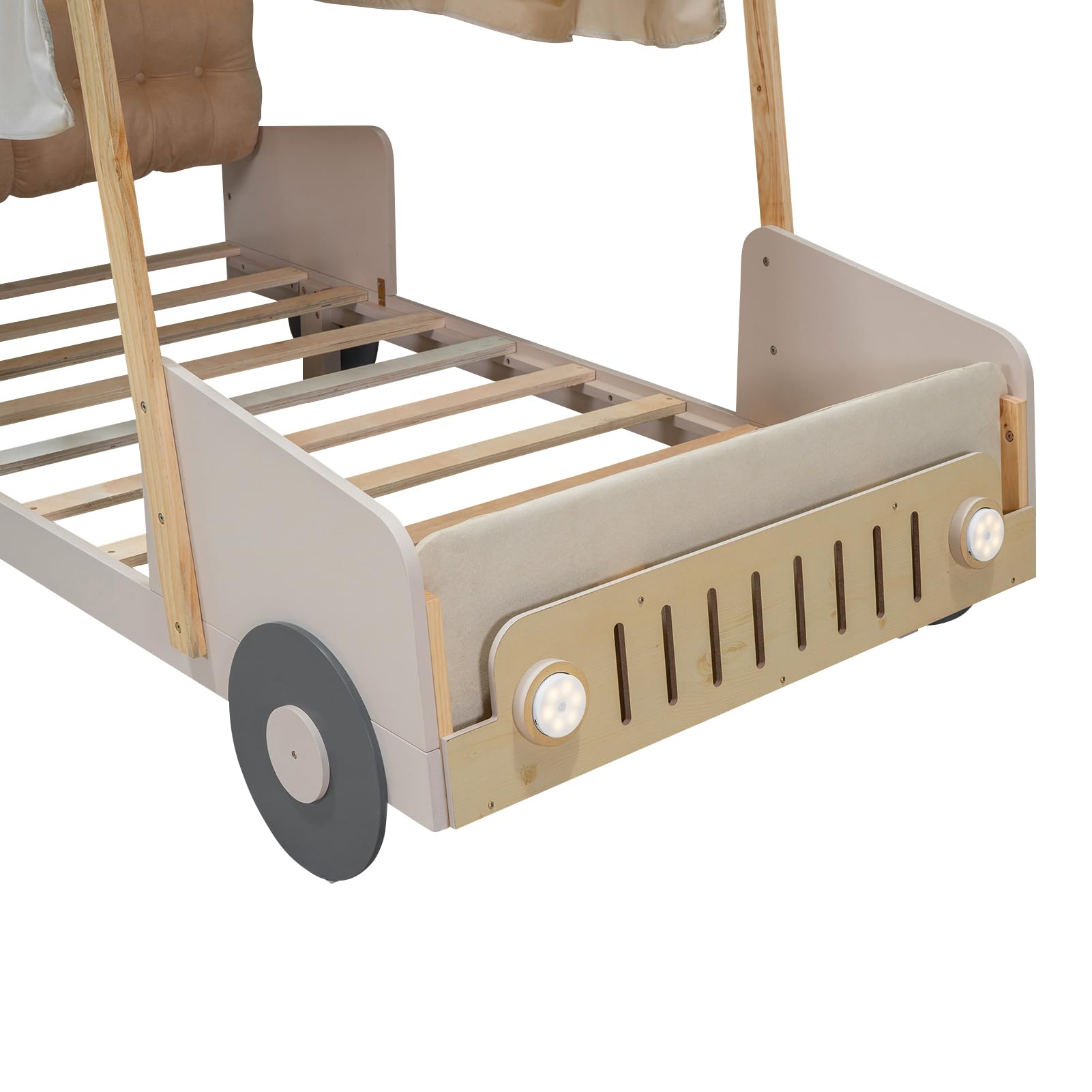 Twin Size Kids Car Bed with LED Lights & Headboard - Toddler Floor Bed Tent for Boys & Girls - Natural Wood Design - Perfect for Playrooms, Bedrooms & Sleepovers