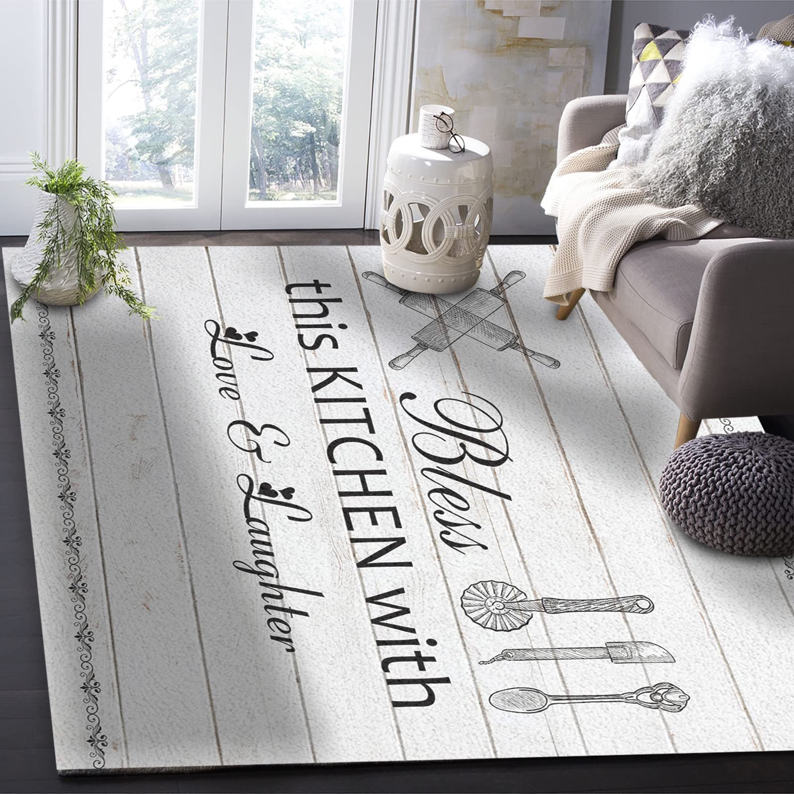 3'x5' Non-Slip Farmhouse Area Rug - Kitchen Utensils Design, Soft Carpet Runner for Bedroom, Living Room & Kids Room | Perfect Floor Cover Mat for Home Decor | Bless This Kitchen Wooden Pattern | Ideal for Cozy Spaces, Entryways & Dorm Rooms