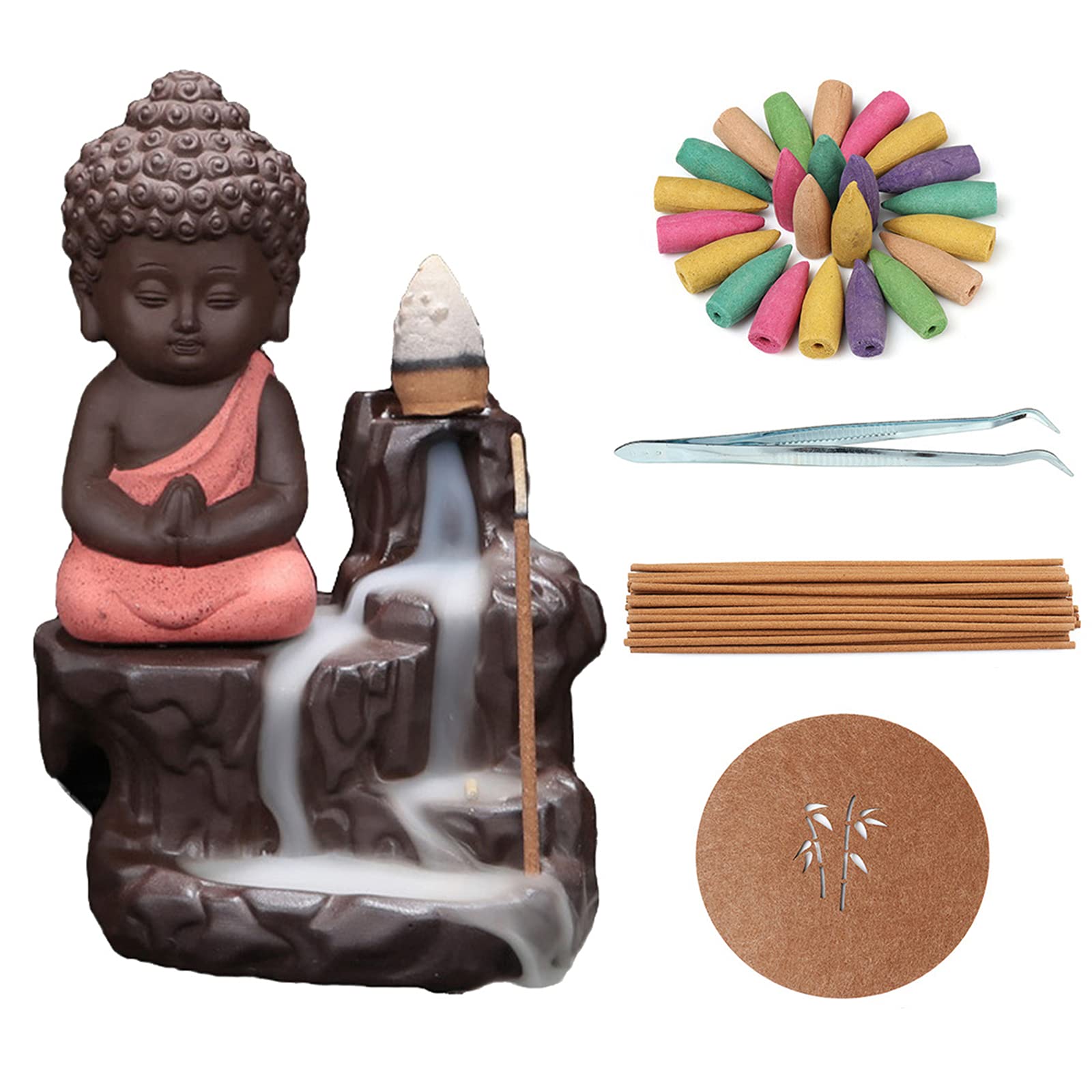 Handmade Ceramic Backflow Incense Burner - Zen Waterfall Incense Holder with 120 Cones & 30 Sticks - Buddha Style Home Decor for Meditation, Yoga & Relaxation (Includes Tweezer & Mat, Vermeil Color)