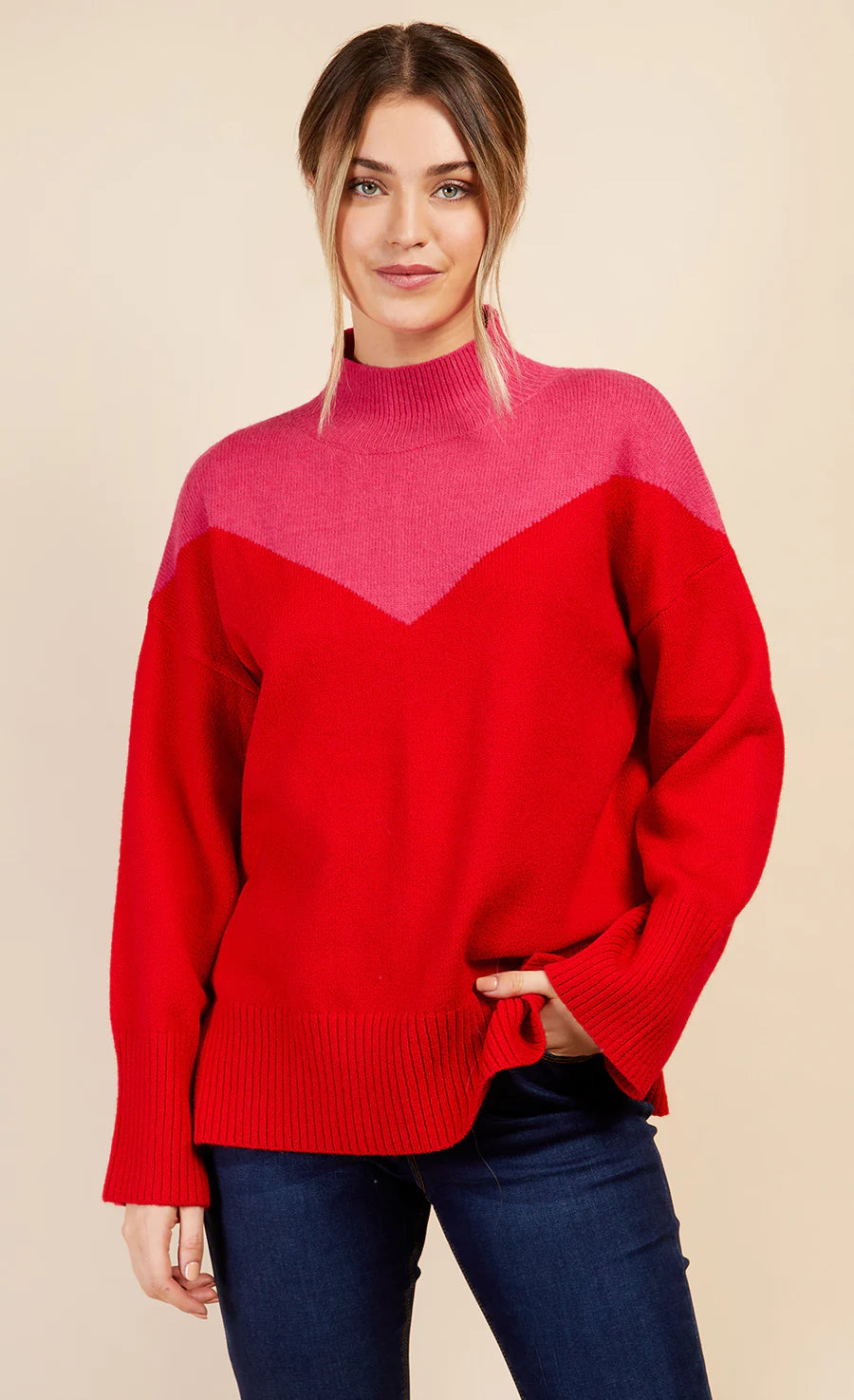 JOLENE COLOR BLOCK KNIT SWEATER (PINK/RED) - Women's Casual Pullover for Fall & Winter Fashion | Perfect for Office, Date Night & Weekend Outfits