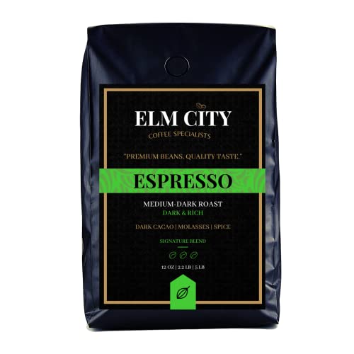 Elm City Coffee Specialists Medium Dark Roast Espresso Whole Bean Coffee - 100% Arabica, Small Batch Roasted, Low Acid, High Caffeine with Notes of Dark Cacao, Molasses & Spices - Perfect for Espresso Machines, Pour Over & Drip Coffee Makers (5 lb Bag) - Great for Home Brewing, Office Use & Gifts