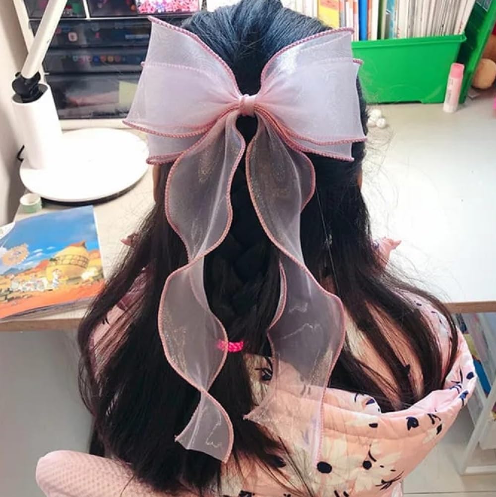 2 Pcs Cute Long Ribbon Hair Clips for Girls - Princess Bow Headbands, Ponytail Holders & Braided Hair Accessories - Perfect for School, Parties and Everyday Wear
