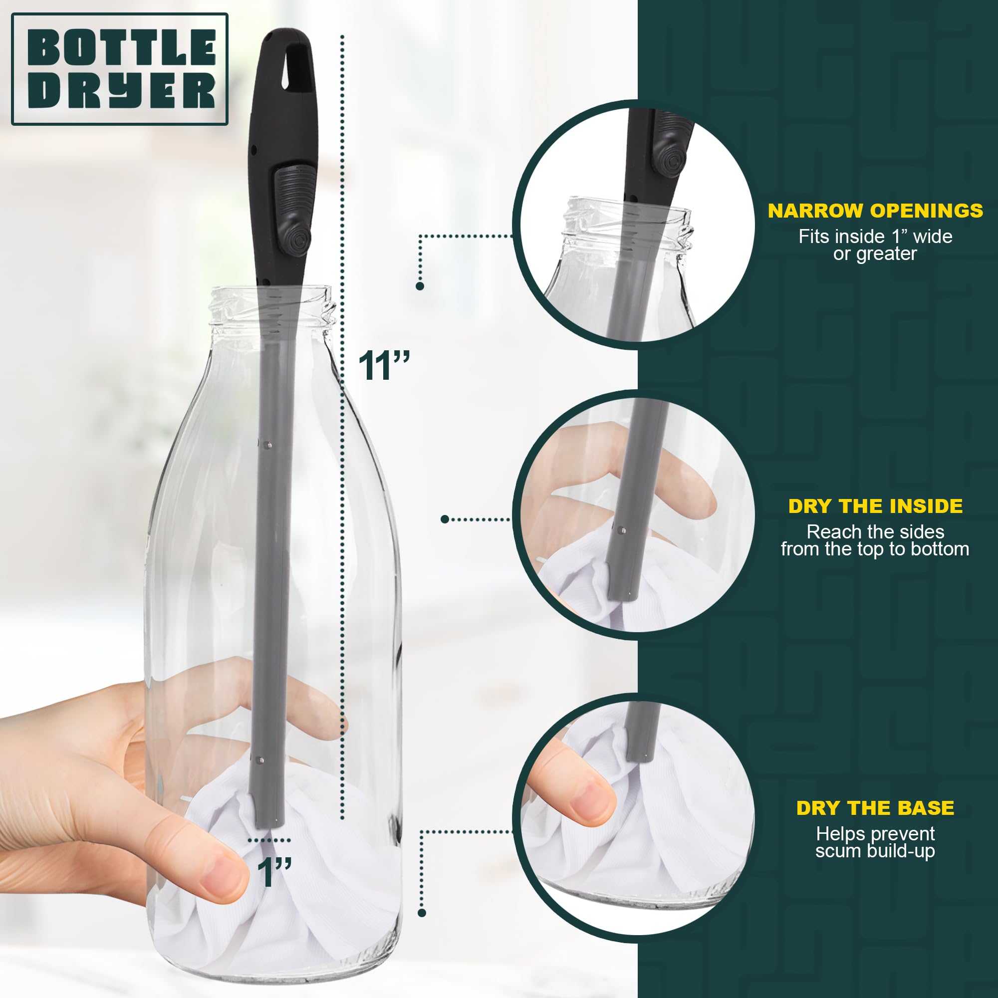 Space Saving Bottle Drying Wand with Paper Towel Attachment - Quick Drying Solution for Baby Bottles, Cups & Kitchenware - Perfect for Nurseries, Kitchens & Dish Racks (Black)
