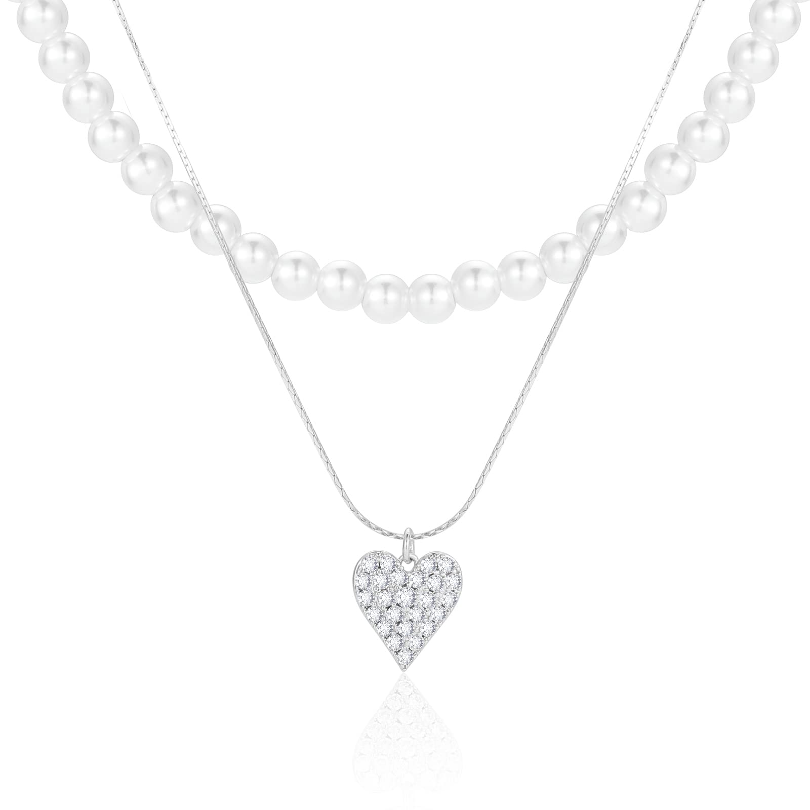 Layered Pearl Necklace for Women - 16K Gold Plated Love Zircon Pendant Choker, Elegant Dainty Jewelry for Wedding, Anniversary & Date Night Gifts