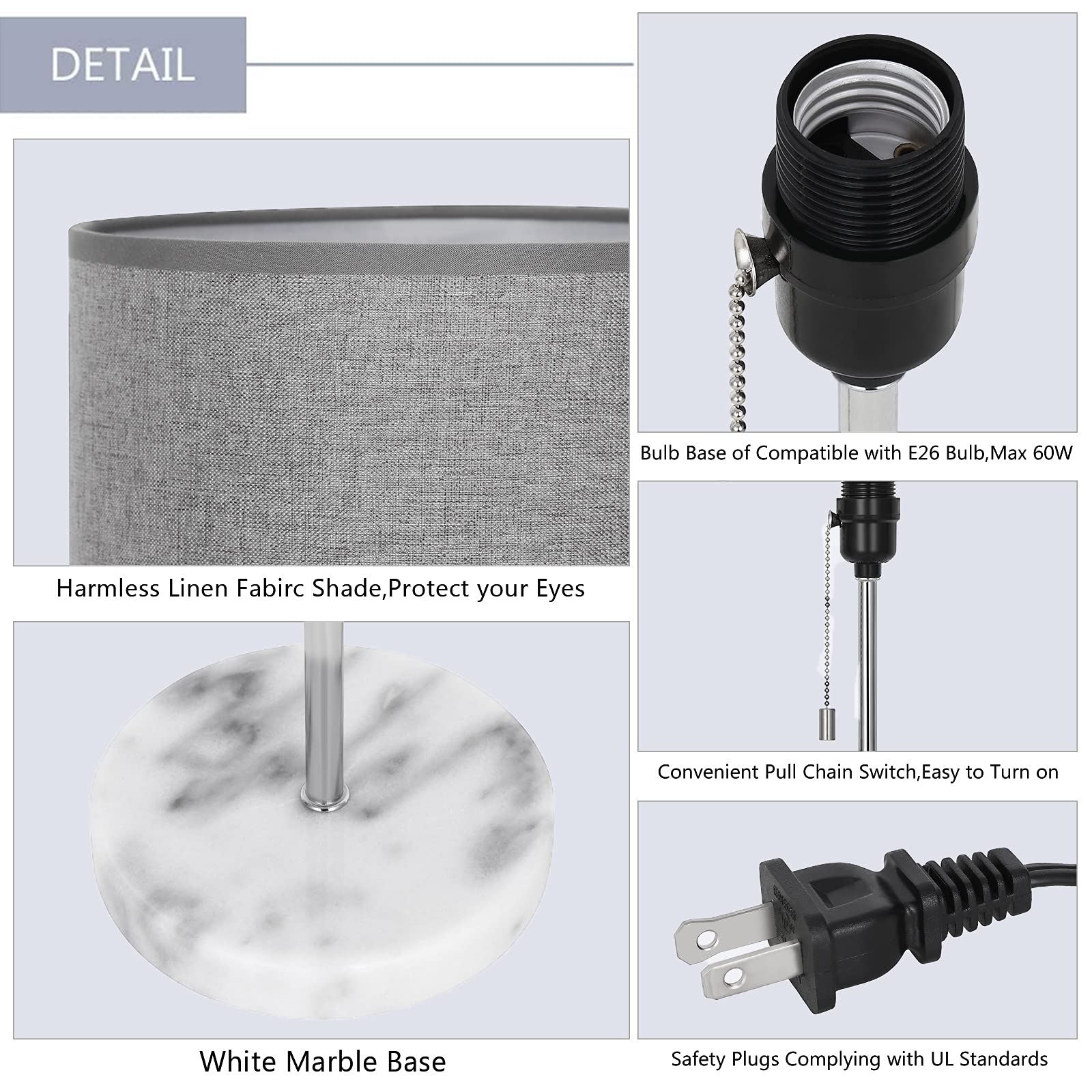 HAITRAL Marble Base Bedside Table Lamp with Grey Fabric Shade - Stylish Nightstand Lamp for Bedroom, Living Room, Office, Kids Room - Perfect for Reading, Relaxing, and Decorating
