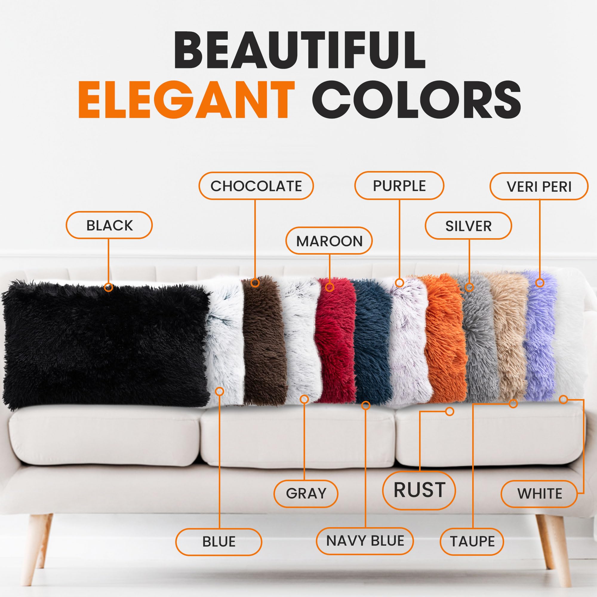 Soft Shaggy Throw Pillows Set of 2 (12x20 Inches) - Rust Orange Faux Fur Couch & Bed Pillows with Inserts Included - Cozy Long Hair Decorative Pillows for Living Room, Bedroom & Home Decor