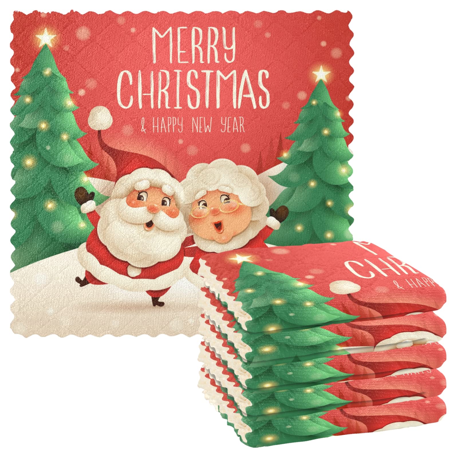 ALAZA Premium Absorbent Dish Towels Set of 6 - 11x11 Inch Lint-Free Kitchen Cleaning Cloths for Dishes, Bar & Tea - Christmas Character Design Soft Cotton Towels for Holiday Decor & Daily Use