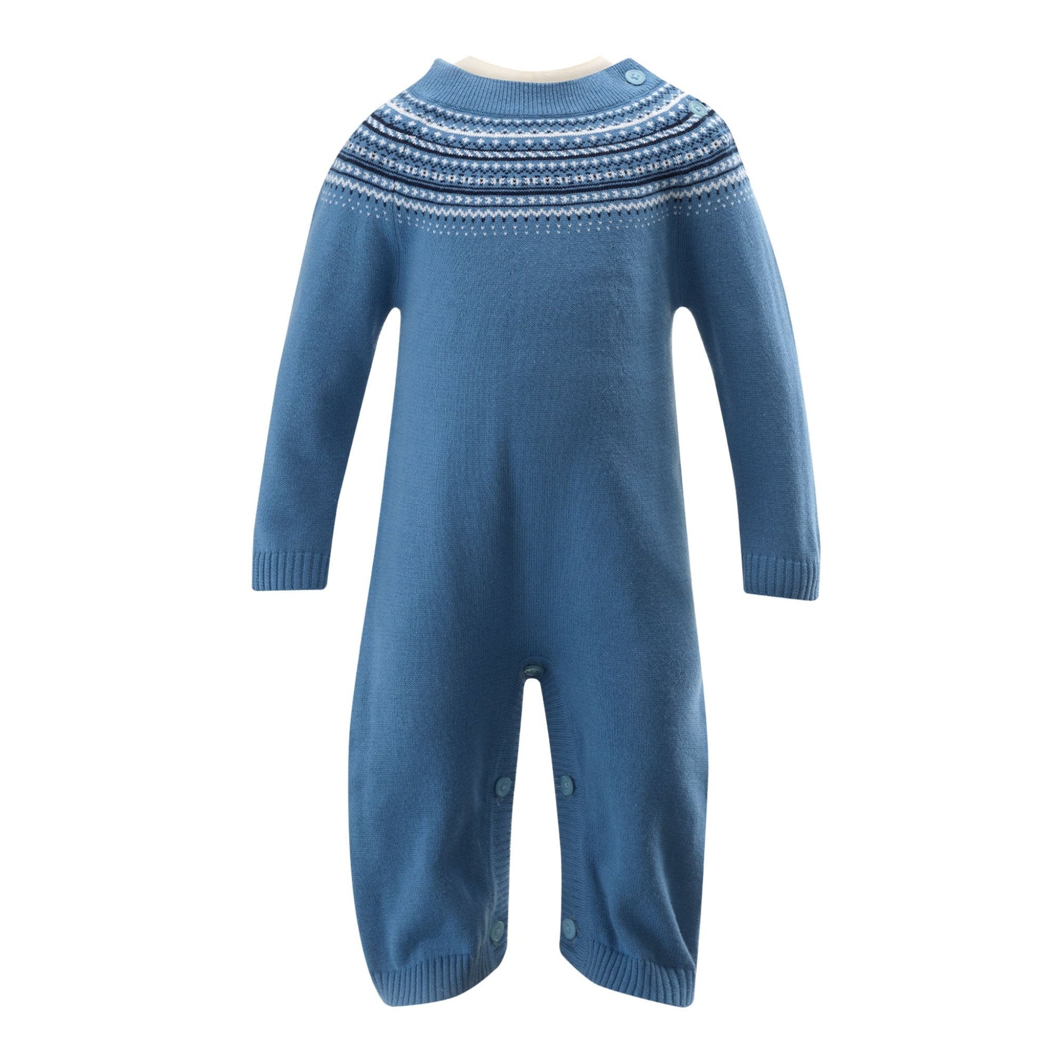 Blue Fairisle Knit Playsuit for Women - Cozy Winter Jumpsuit with Nordic Pattern - Perfect for Christmas, Holiday Parties & Casual Outings