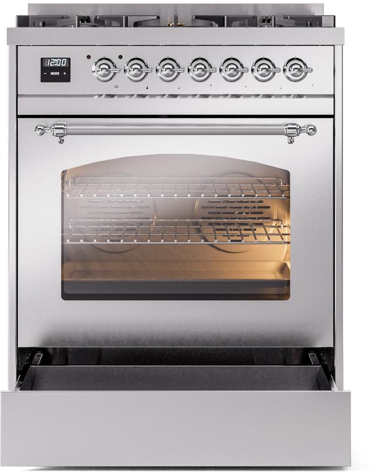 ILVE Nostalgie II 30 Inch Dual Fuel Natural Gas Range - Stainless Steel with Chrome Trim (UP30NMPSSC) - Perfect for Professional Home Kitchens & Gourmet Cooking
