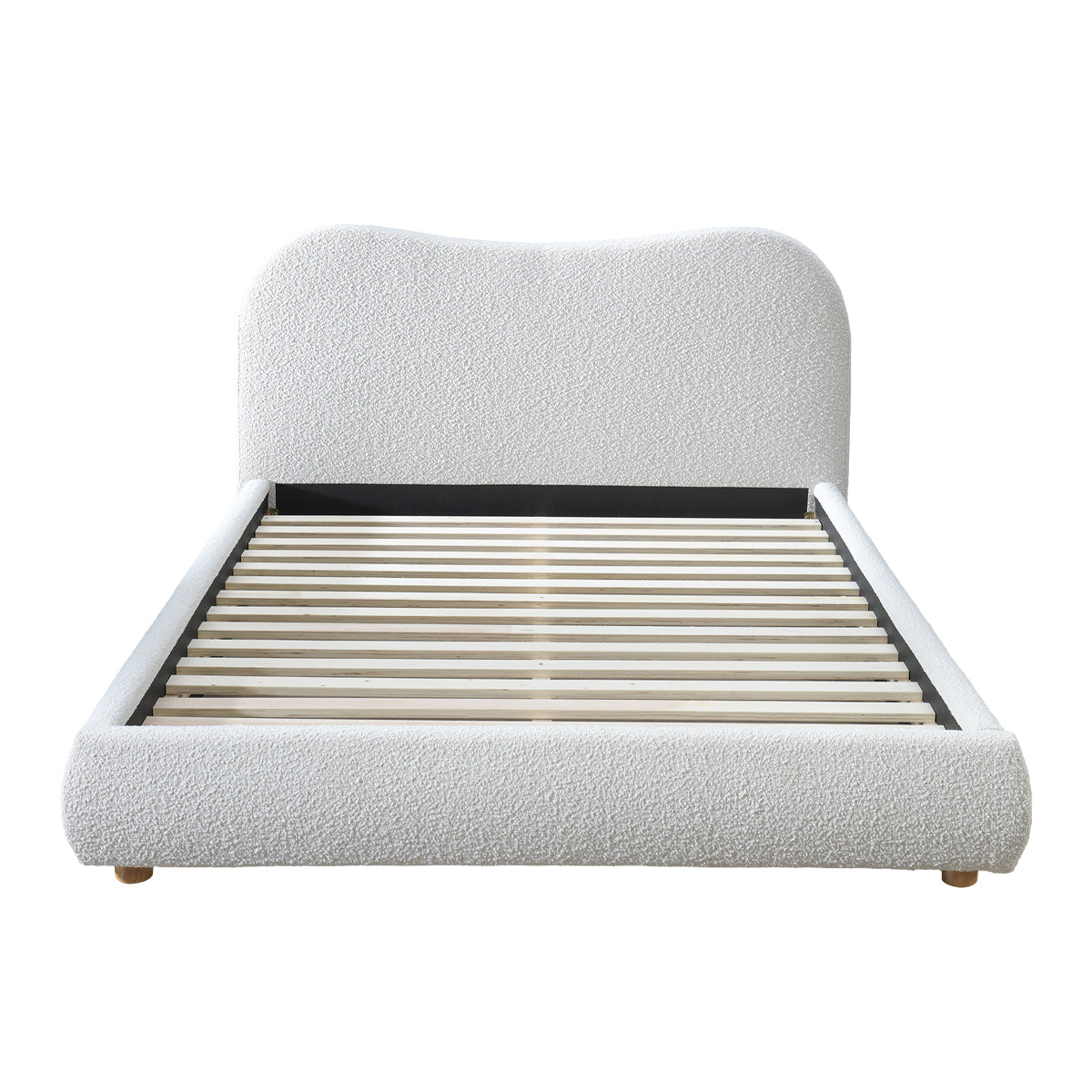 Cloud Boucle Queen Bed Frame - Solid Oak Wood with Cream Fabric Upholstery - Modern Bedroom Furniture for Cozy and Stylish Home Decor