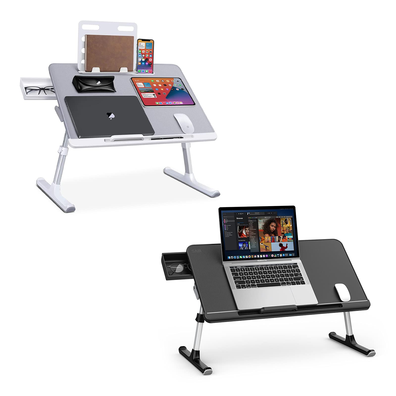 SAIJI Adjustable Laptop Bed Tray Desk - Foldable Laptop Stand with Storage Drawer for Working, Studying, Gaming & Eating - Portable Bed Table for Home Office, Dorm Room & Travel (Gray X-Large/Black Large)