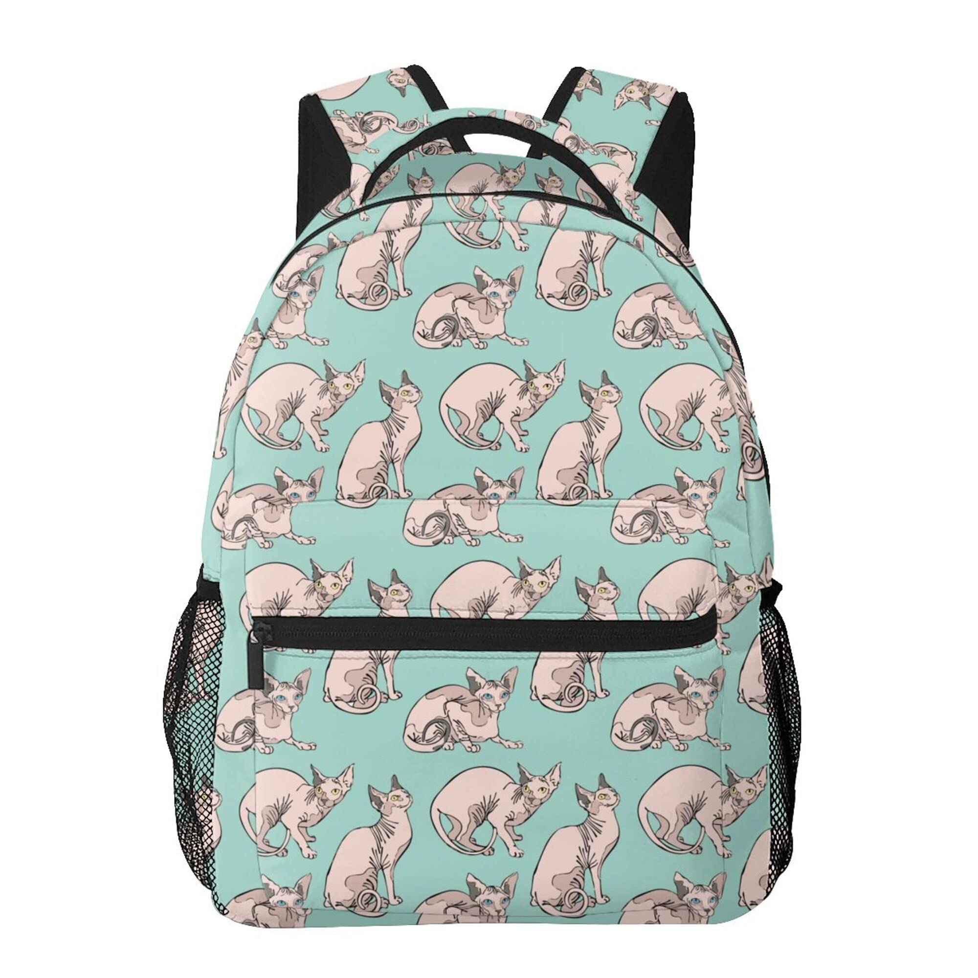 Lightweight Anti-Theft Backpack for College, Travel & Hiking - Large Capacity Daypack for Teens, Men & Women - Sphynx Cat Pattern Mint Green School Backpack - Perfect for Campus, Commuting & Outdoor Adventures