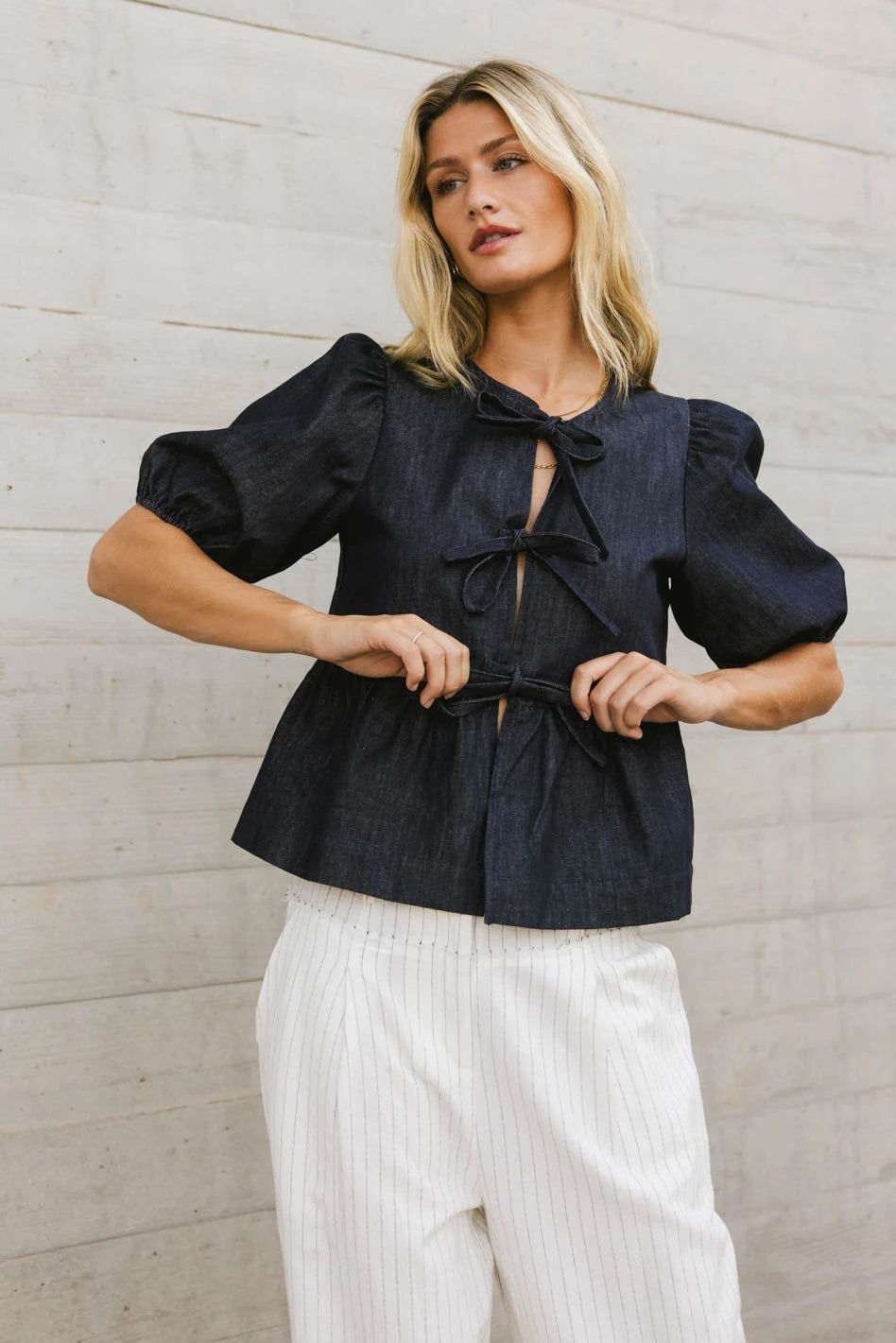 Stylish Natalia Peplum Tie Blouse in Dark Wash - Women's Fashion Top for Work & Evening Out | FINAL SALE
