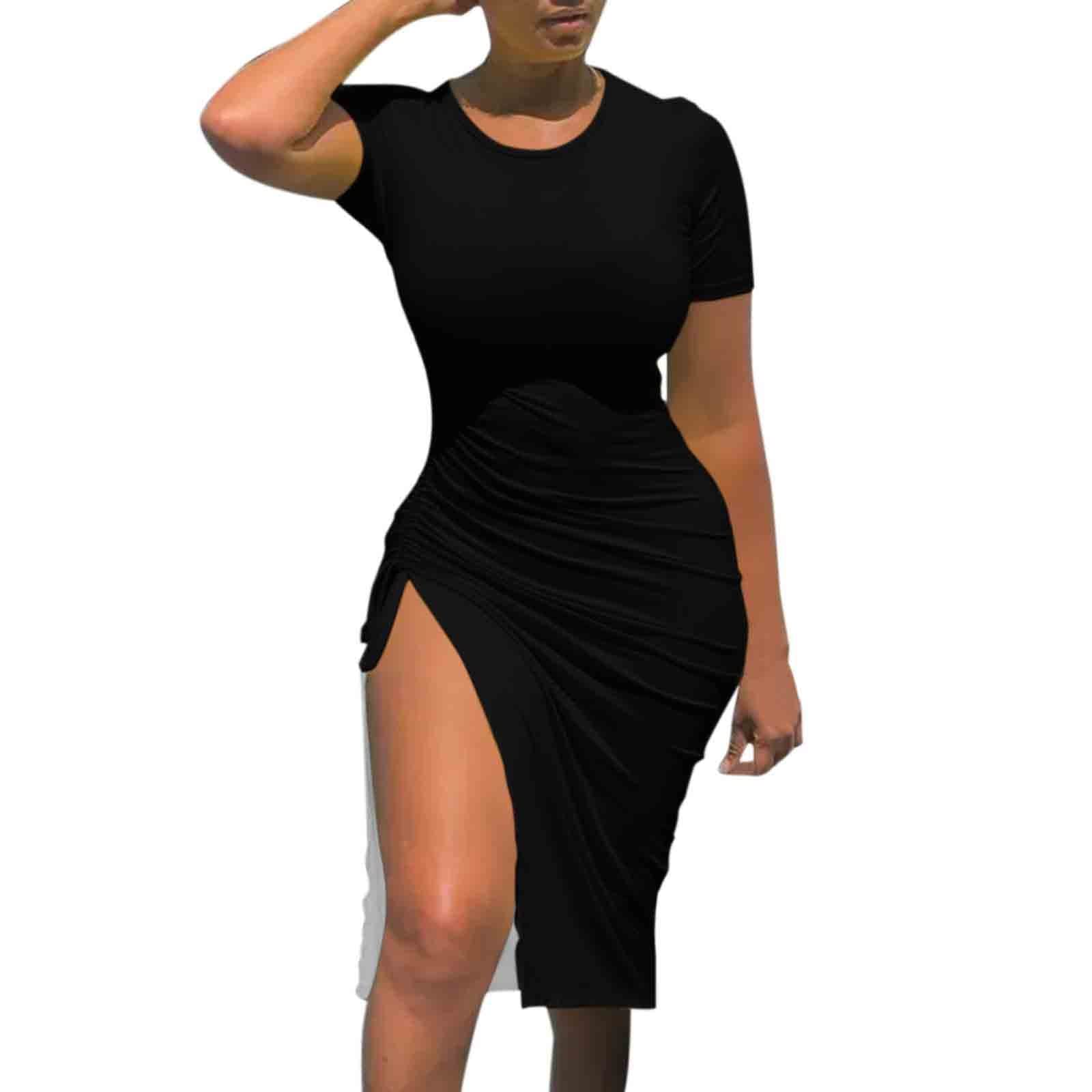 BOXIACEY Women's Summer Dresses - Short Sleeve Round Neck Slim Fit Solid & Gradient Print Sexy Drawstring Slit Dress for Beach, Party & Casual Wear