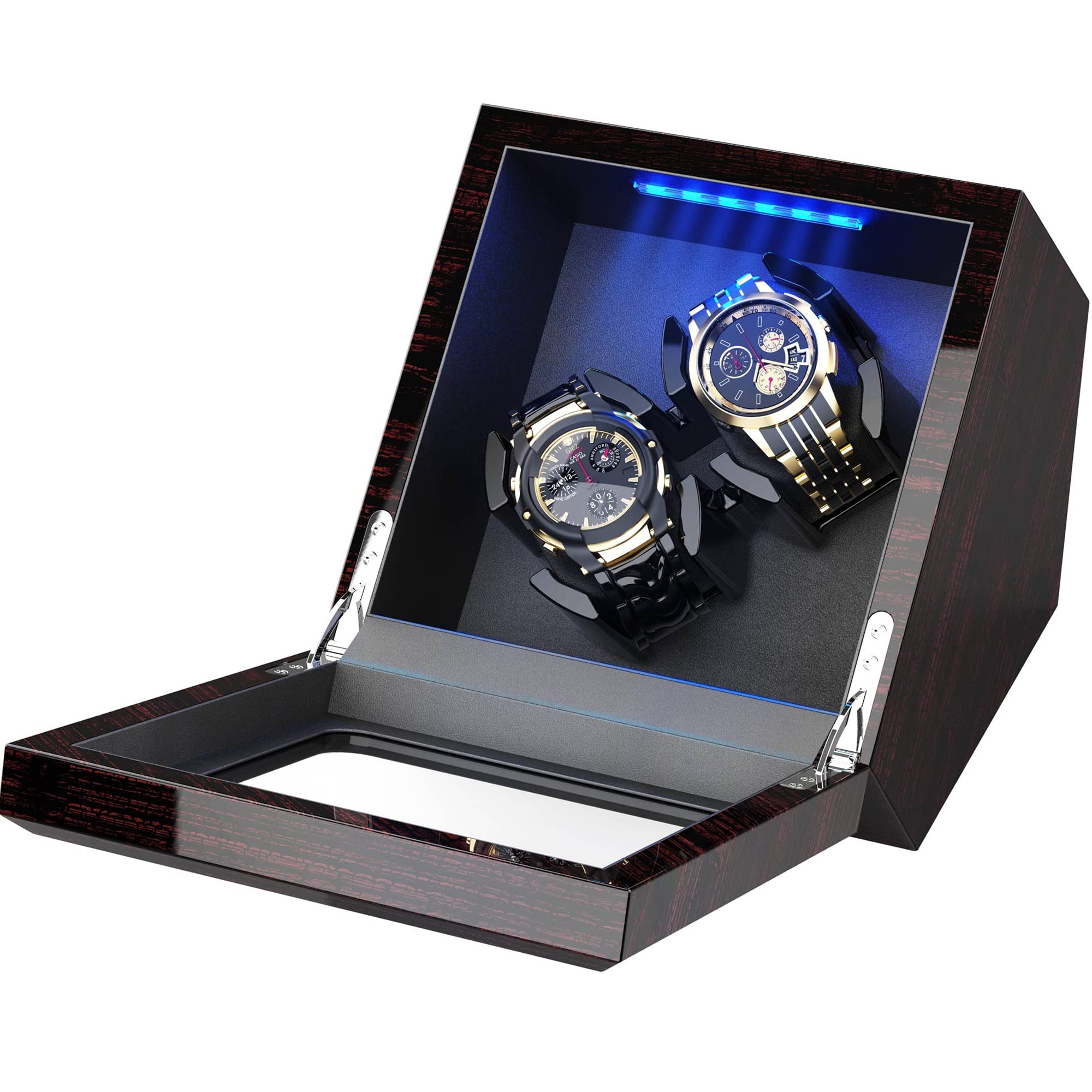 Luxury Double Watch Winder for Rolex & Automatic Watches - Ultra Quiet Motor, Blue LED Display, Adjustable Watch Pillows | AC/Battery Powered | Perfect for Travel, Storage & Watch Collection Display