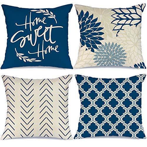 AENEY 18x18 Inch Decorative Throw Pillow Covers Set of 4 - Modern Geometric Floral Arrow Design for Couch, Sofa & Outdoor Use - Navy Blue Home Decor