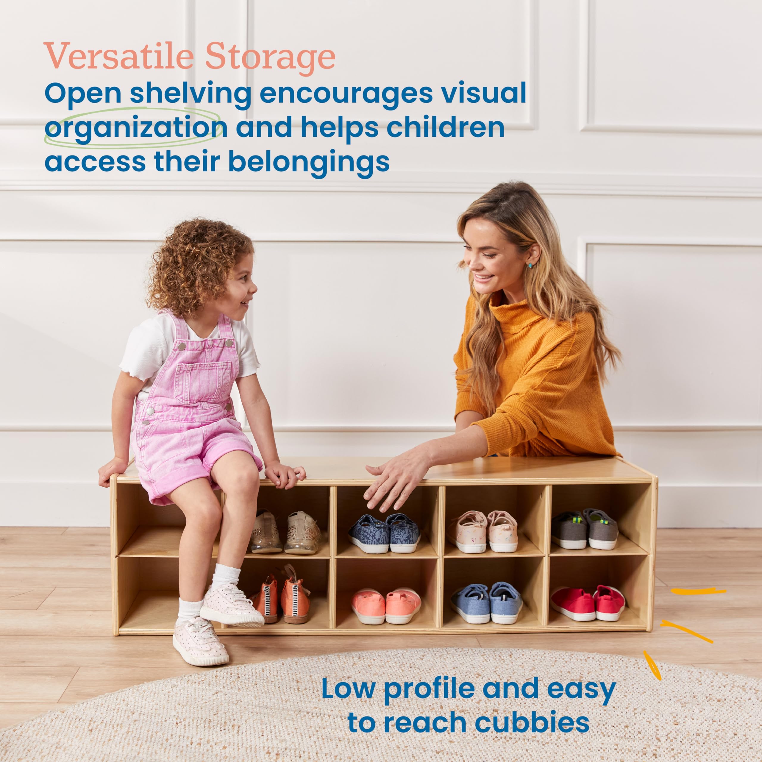 ECR4Kids 10-Cubby Storage Cabinet with Trays, 2x5 Organizer for Classroom, School, or Home - Natural Wood Kids Toy & Book Storage Shelf