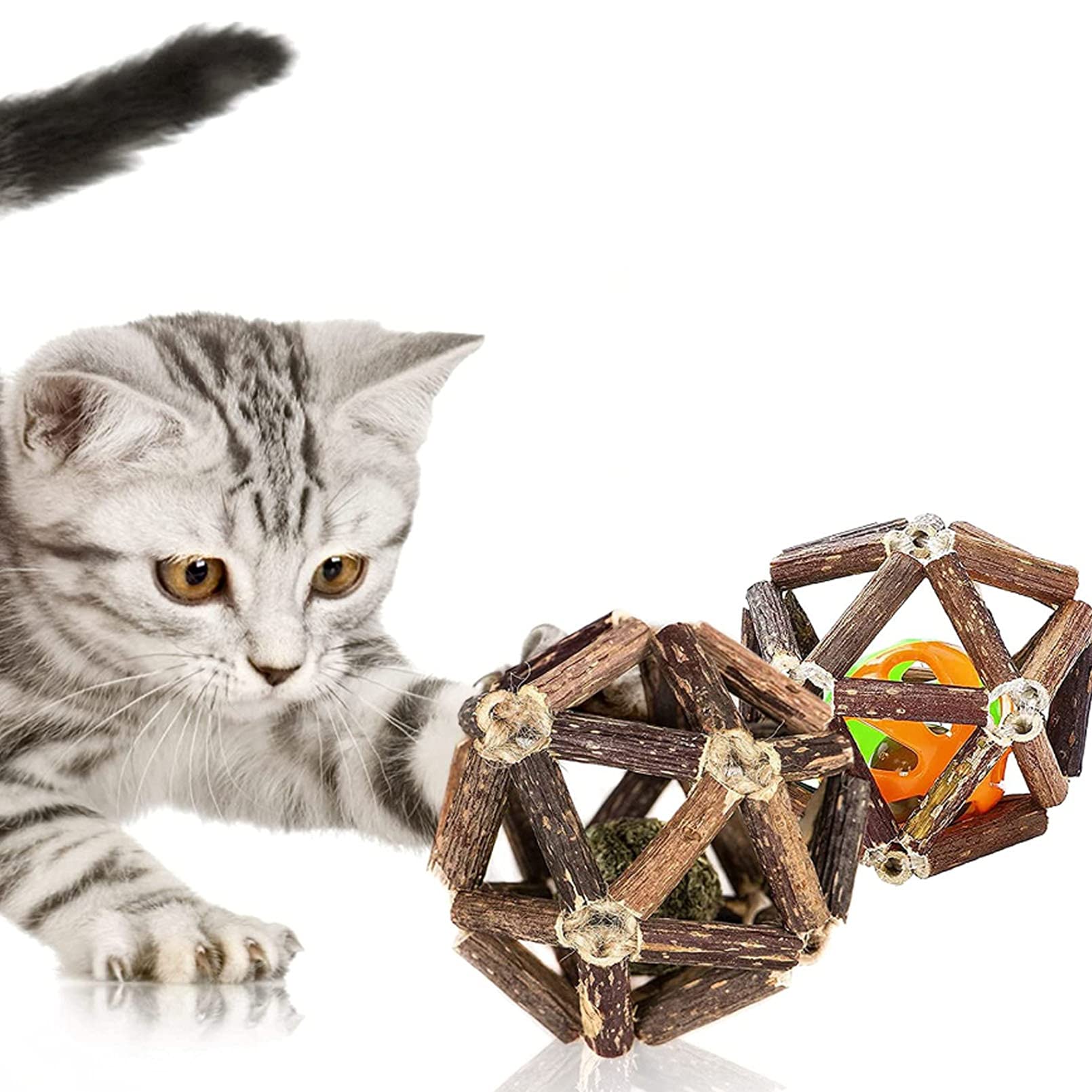 Natural Silvervine Catnip Balls with Bell for Indoor Cats - 2 Pack Stress Relief Kitty Toys, Teeth Cleaning Chew Toys for Dental Health | Fun Playtime & Anxiety Relief for Bored or Nervous Cats