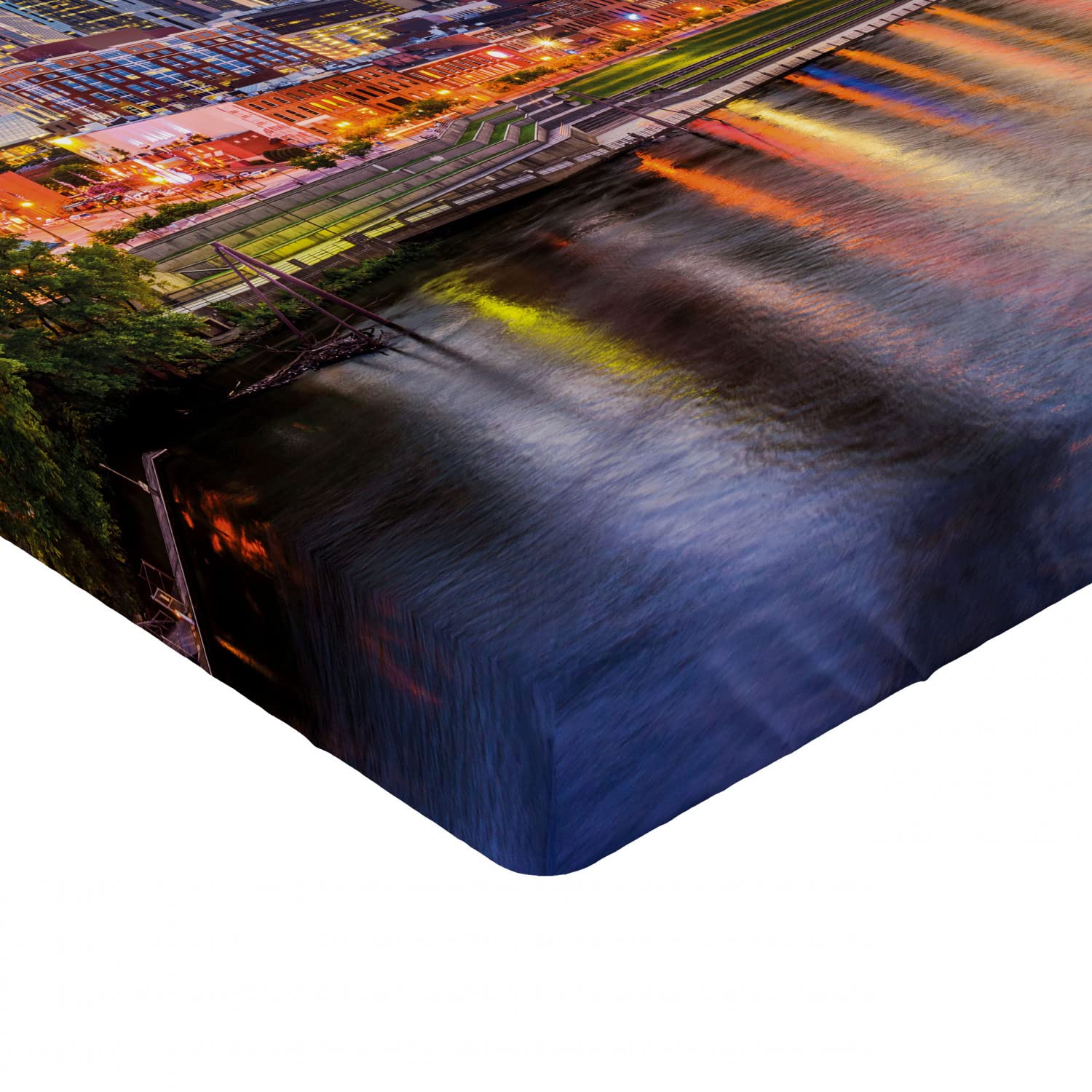 Ambesonne United States Fitted Sheet - Cumberland River Nashville Tennessee Evening Architecture Design | Deep Pocket Queen Size Bed Cover with All-Around Elastic | Perfect for Guest Rooms, Vacation Homes & Travel Enthusiasts