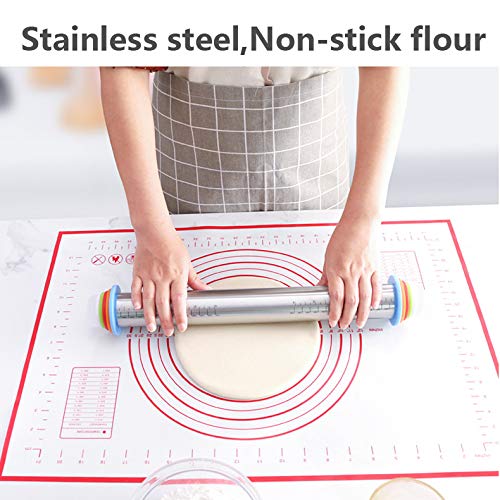 Stainless Steel Rolling Pin with Spacer, 4 Adjustable Discs & Guide, Non-Stick, Silicone Baking Mat for Bread, Cakes, Pasta & Pastry Dough – Perfect for Home Baking, Pizza Making & Cookie Preparation