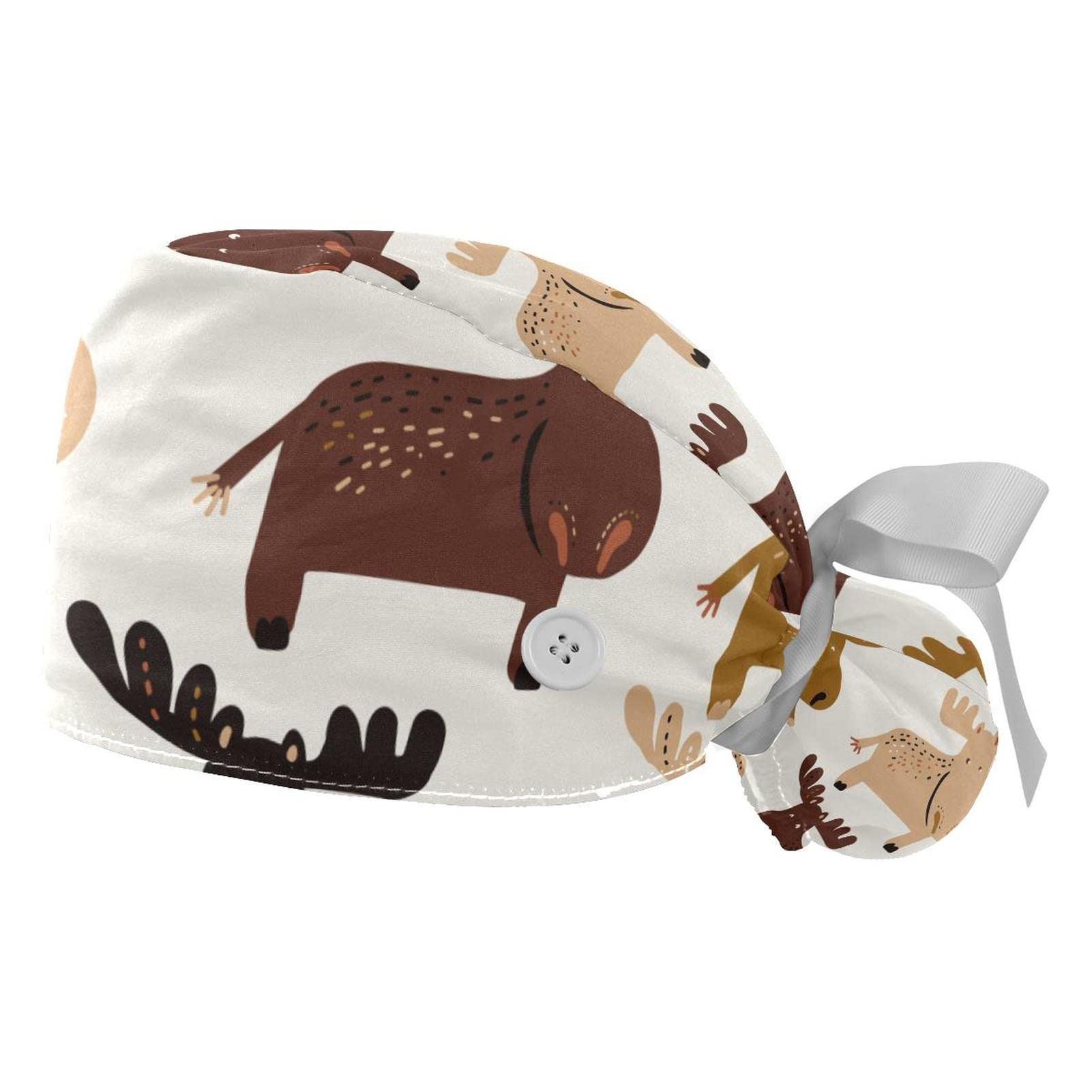 2 Pack Women's Work Cap with Buttons & Ribbon Tie Back - Cute Cow Print Hair Cover for Long Hair | Kitchen, Restaurant, Hospital & Salon Use