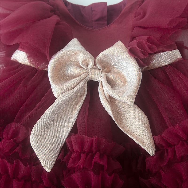 Burgundy Tulle A-Line Flower Girl Dress with Bow and Bell Sleeves - Perfect for Weddings, Pageants, and Special Occasions