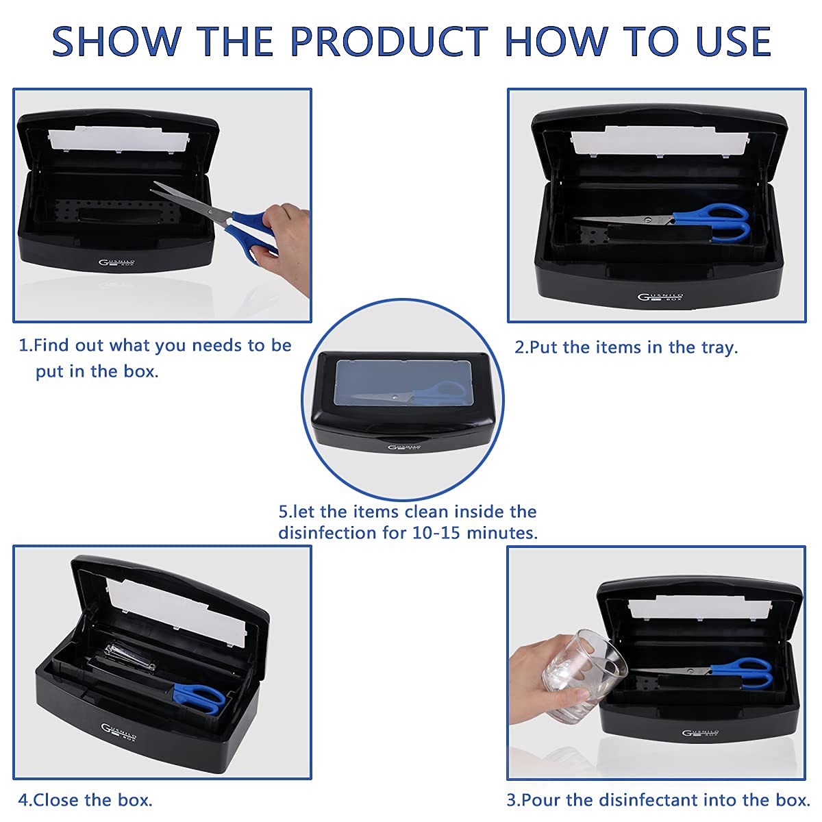 Gusnilo Professional Nail Tool Sterilizer Box - Plastic Disinfectant Container with Barbicide Solution for Nail Tools, Tweezers, Hair Salon & Spa Equipment - Perfect for Manicure, Pedicure & Barber Tools (Black) - Ideal for Salon Hygiene & Tool Sanitization