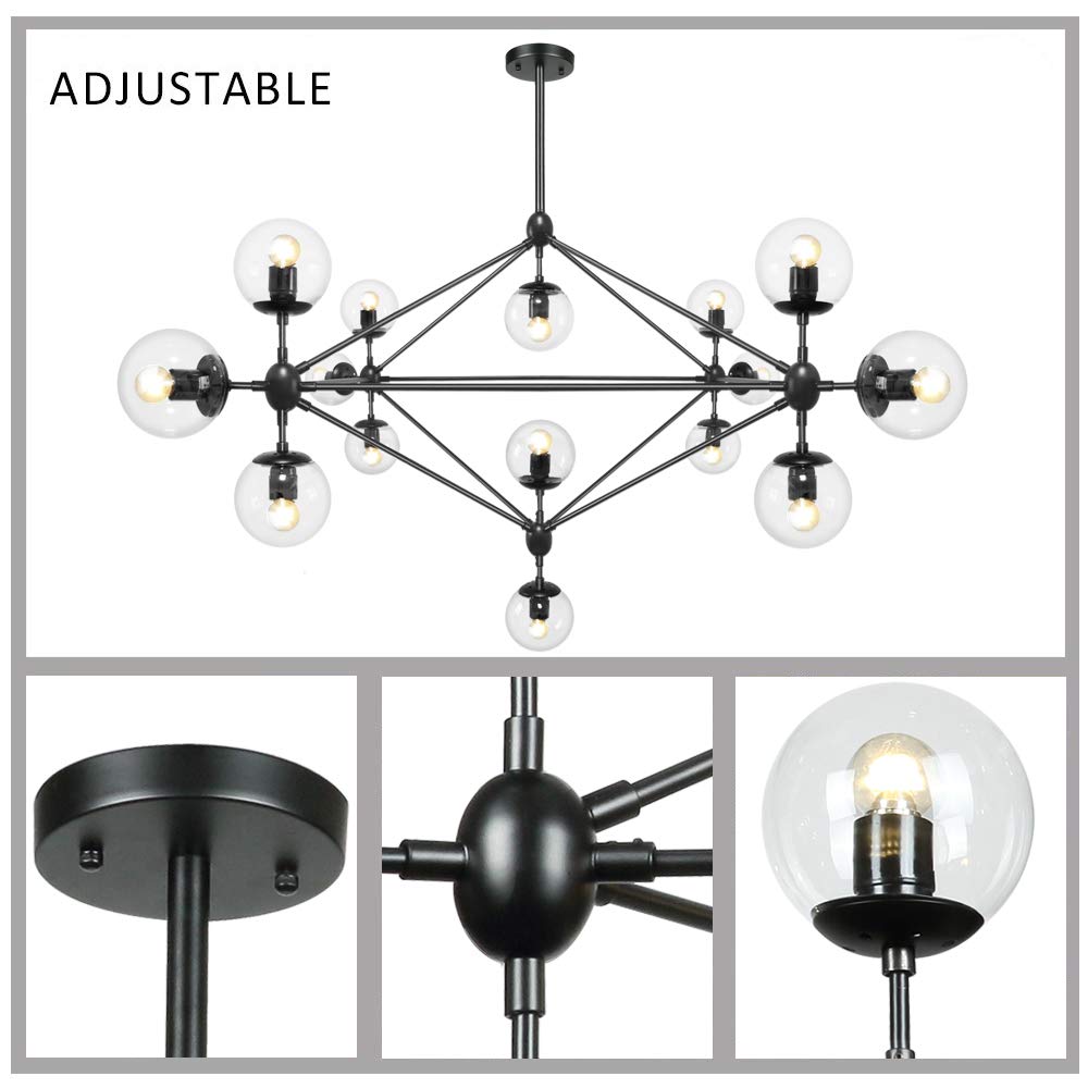 15-Light DNA Chandelier with Globe Glass Shade - Modern Black Finish Large Ceiling Light Fixture for Dining Room, Living Room, Bedroom - Perfect for Home Decor, Wedding Venues & Restaurant Lighting (D58.5)