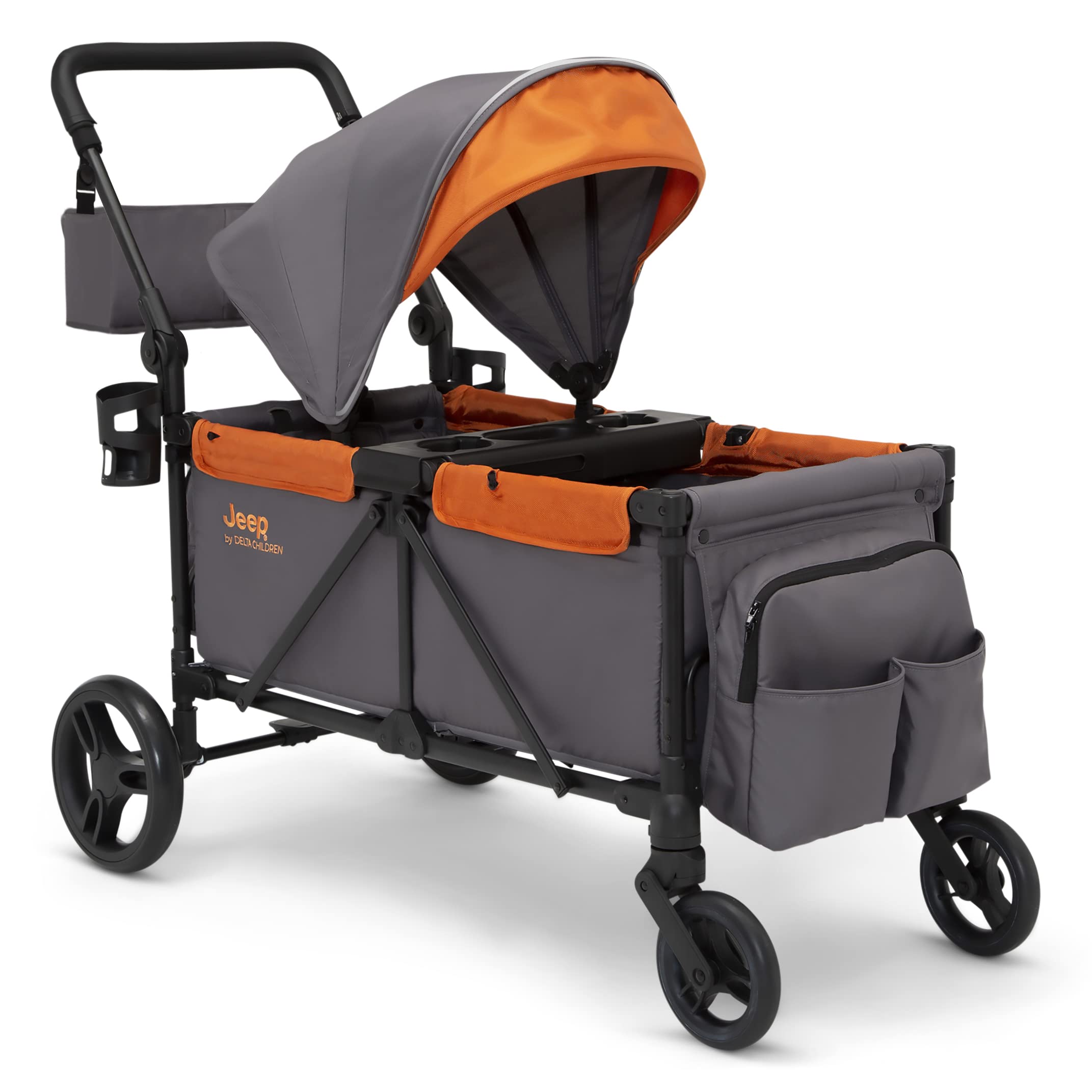 Delta Children Jeep Sport All-Terrain Stroller Wagon with Canopy, Parent Organizer & Snack Tray - Adjustable Handlebar, Cup Holders - Grey/Bonfire - Perfect for Outdoor Adventures, Beach Trips & Family Outings