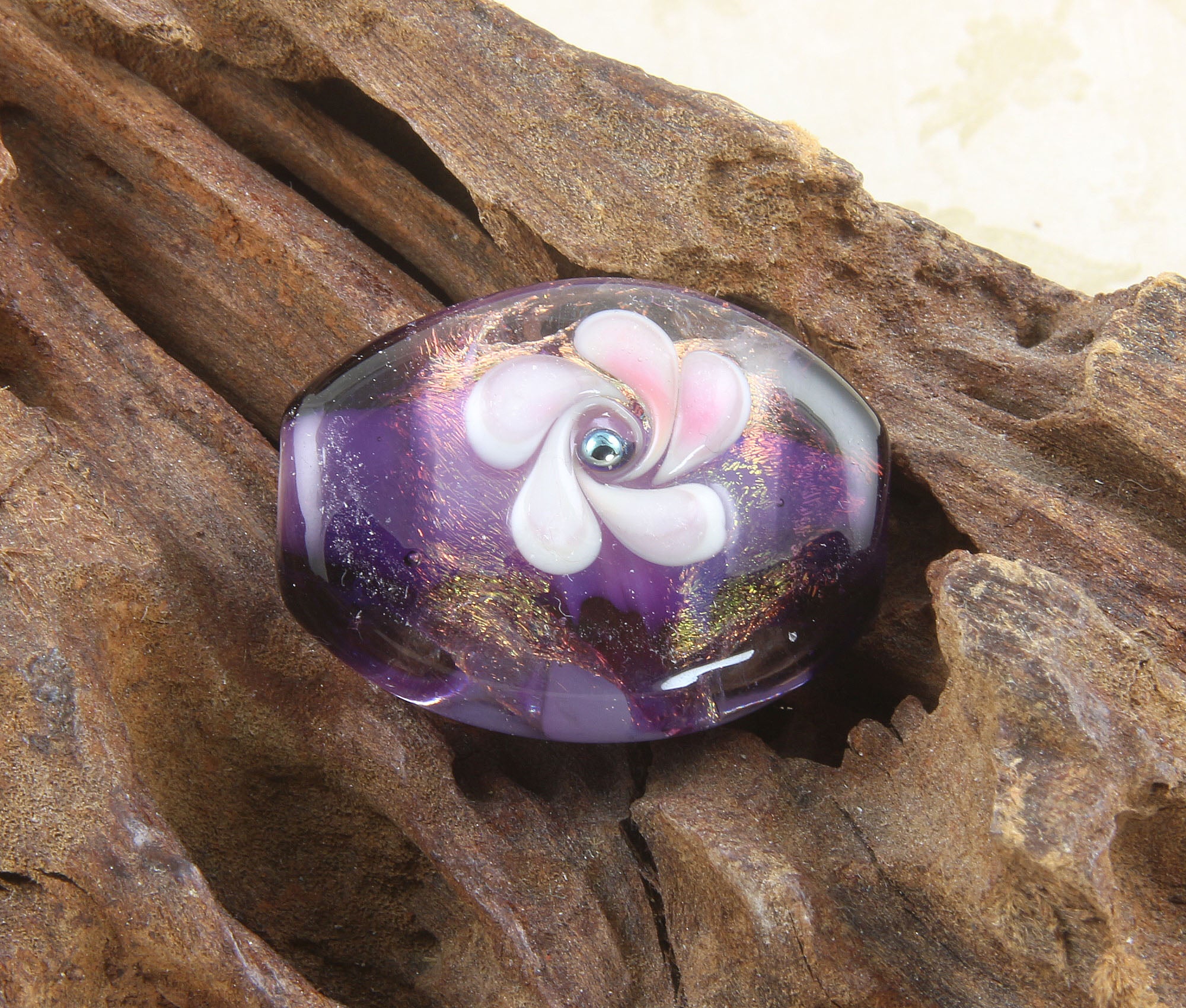 Purple Floral Dichroic Glass Lampwork Focal Bead for Jewelry Making - Handmade SRA Bead for Necklaces, Bracelets & DIY Craft Projects