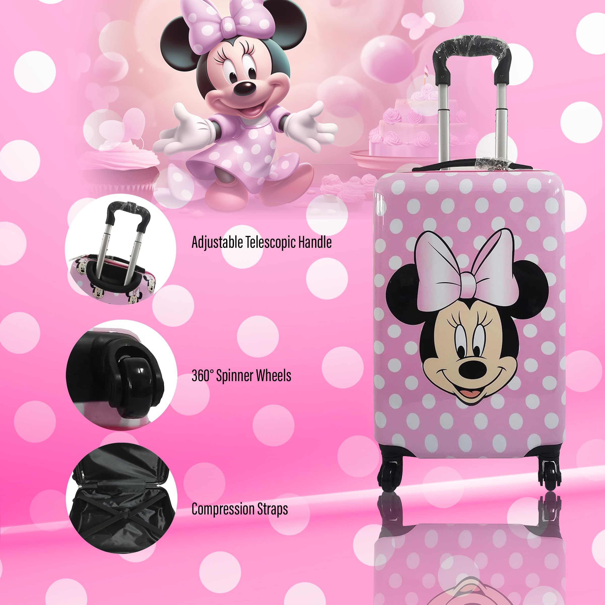 Minnie Mouse 20 Inch Kids Hardside Spinner Luggage - Lightweight Carry-On Rolling Suitcase for Girls Travel, School Trips & Sleepovers | Disney Character Design for Tweens