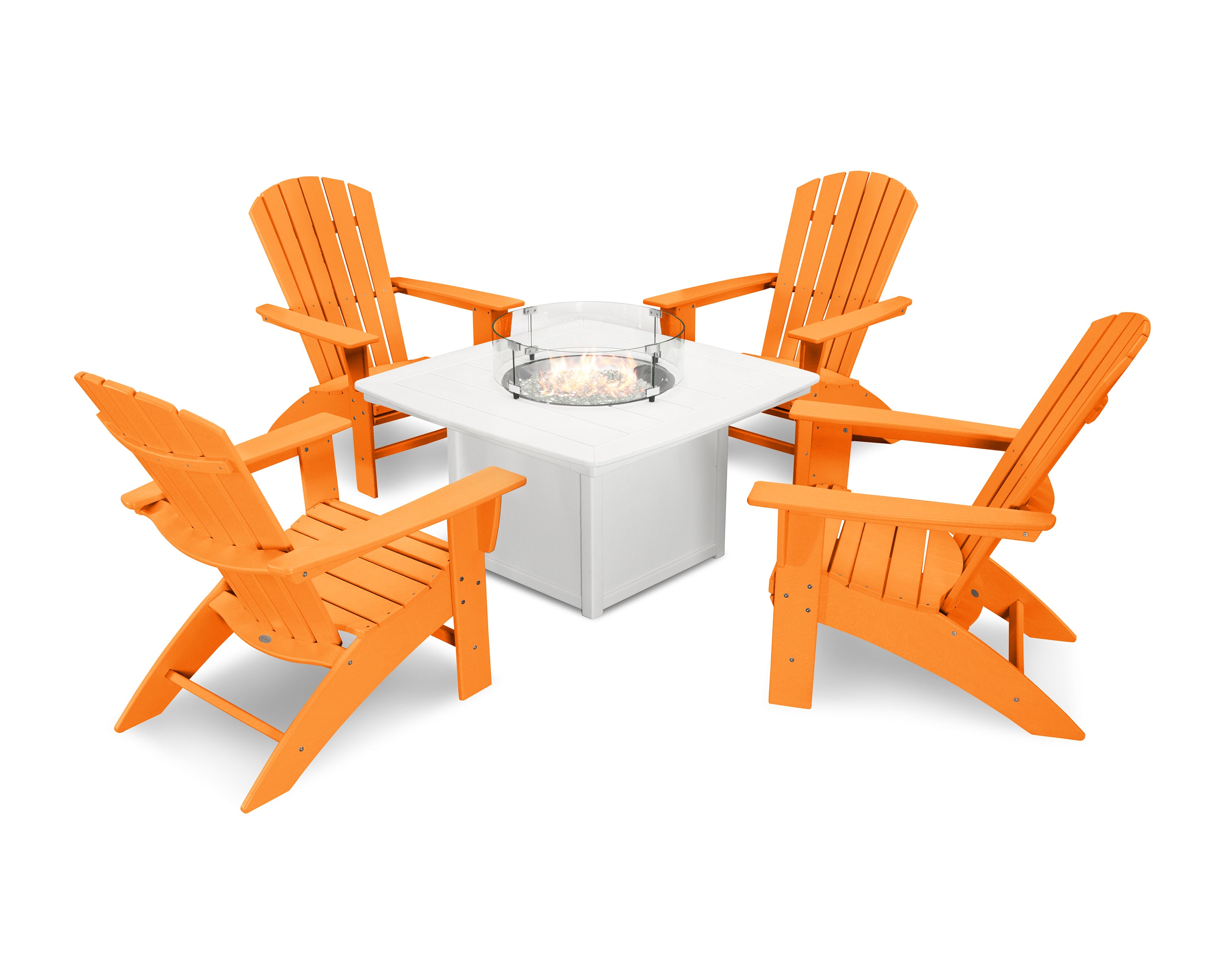 POLYWOOD Nautical Curveback Adirondack 5-Piece Outdoor Conversation Set with Fire Pit Table - Perfect for Patio, Deck, Poolside & Backyard Relaxation