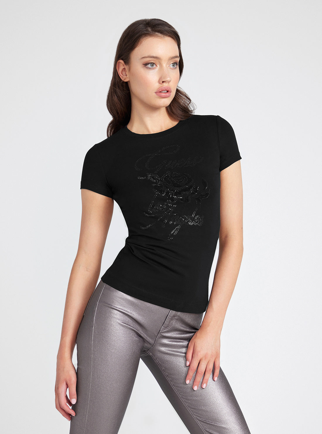 Black Rhinestone Rose Logo T-Shirt for Women - Trendy Graphic Tee for Casual Wear, Parties & Date Nights