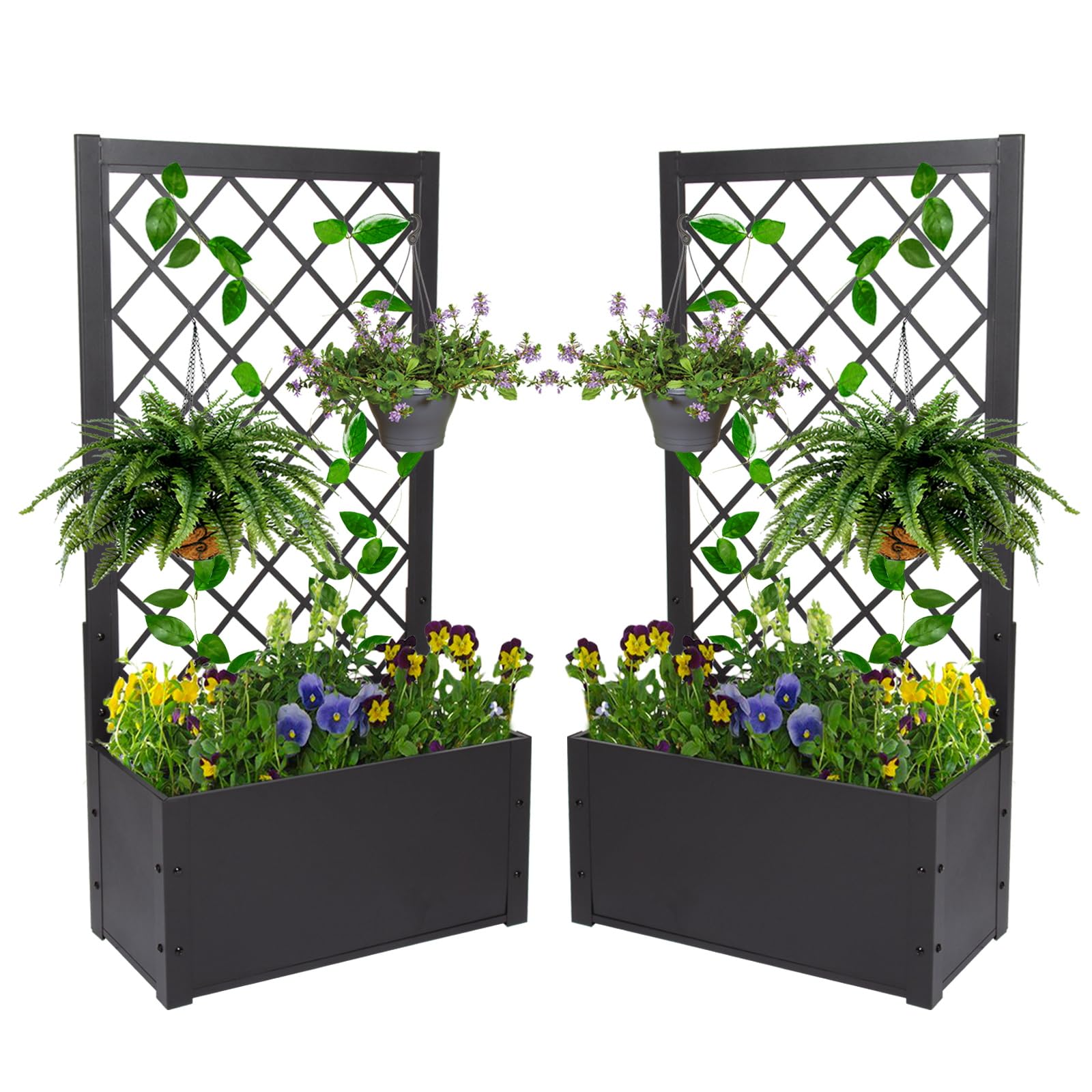kinbor Metal Raised Garden Bed with Trellis - Set of 2 Black Outdoor Planter Boxes for Climbing Plants, Flowers, Vegetables | Perfect for Patio, Balcony & Backyard Gardening