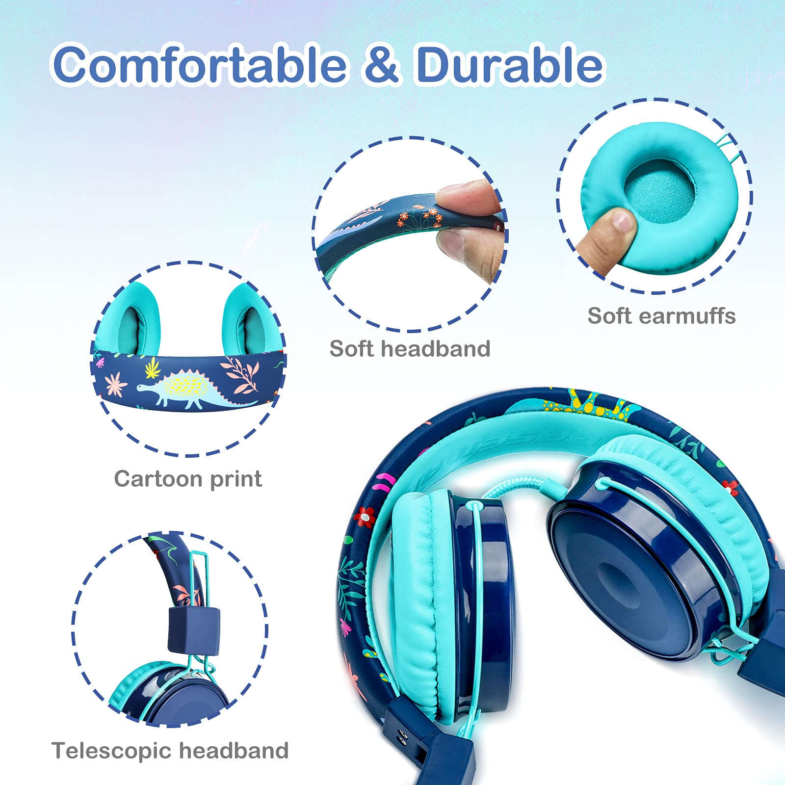OKCSC B2 Kids Cartoon Headphones with Microphone - 85dB Safe Volume Limited On-Ear Headset for Boys & Girls, Foldable Adjustable 3.5mm Wired Stereo Headphones for School, Travel, Tablet & Smartphone Use - Mint Green