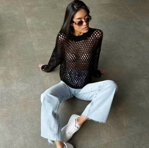 Women's 1897 Knitted Loose Round Neck Hollow Out Sweater - Casual Fall & Winter Fashion for Layering, Office Wear & Weekend Outfits