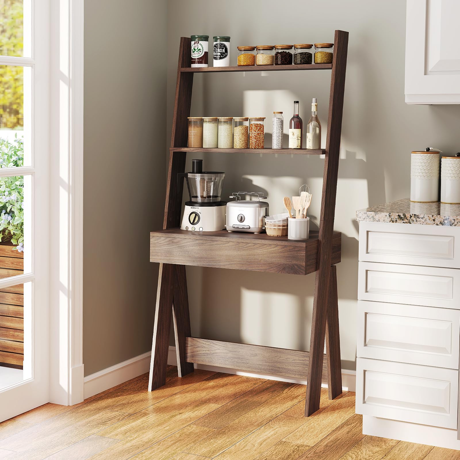 Tangkula Wall-Leaning Ladder Desk with Countertop & Drawer - Compact Home Office Computer Table with Open Shelves & Anti-Tip Kits - Space Saving Workstation for Small Rooms, Apartments & Dorm Rooms - Perfect for Remote Work, Study & Writing (Walnut)