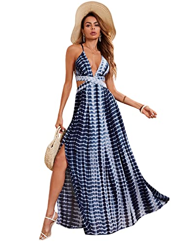 SheIn Women's Tie Dye Boho Deep V Neck Split Crisscross Backless Long Maxi Cami Dress - Perfect for Beach Vacations, Summer Parties & Boho Fashion Outfits