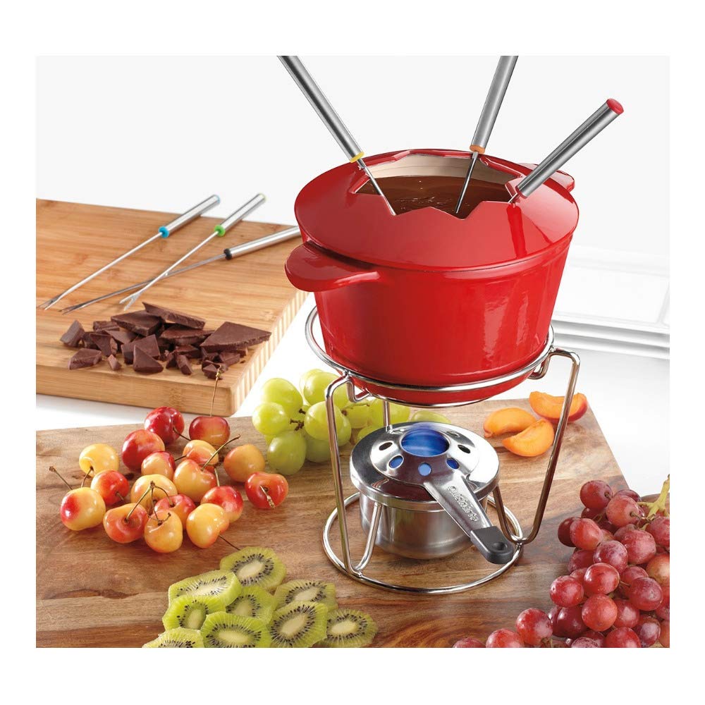 Cuisinart 13-Piece Cast Iron Fondue Set with Stainless Steel Forks - Red | Perfect for Cheese, Chocolate & Oil Fondues, Dinner Parties & Family Gatherings
