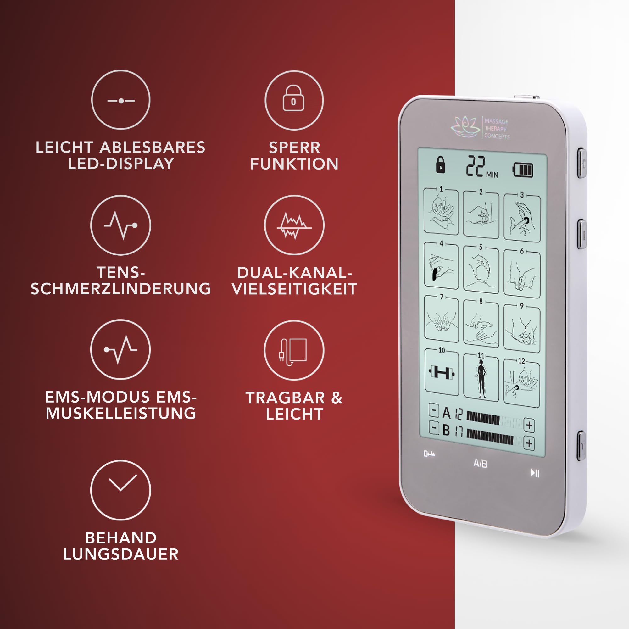 Premium TENS Unit Muscle Stimulator with 12 Modes & 20 Intensity Levels - Non-Invasive EMS Machine for Neck, Back Pain & Sciatica Relief - Includes Accessories for Electrotherapy - Perfect for Home Use, Physical Therapy & Post-Workout Recovery