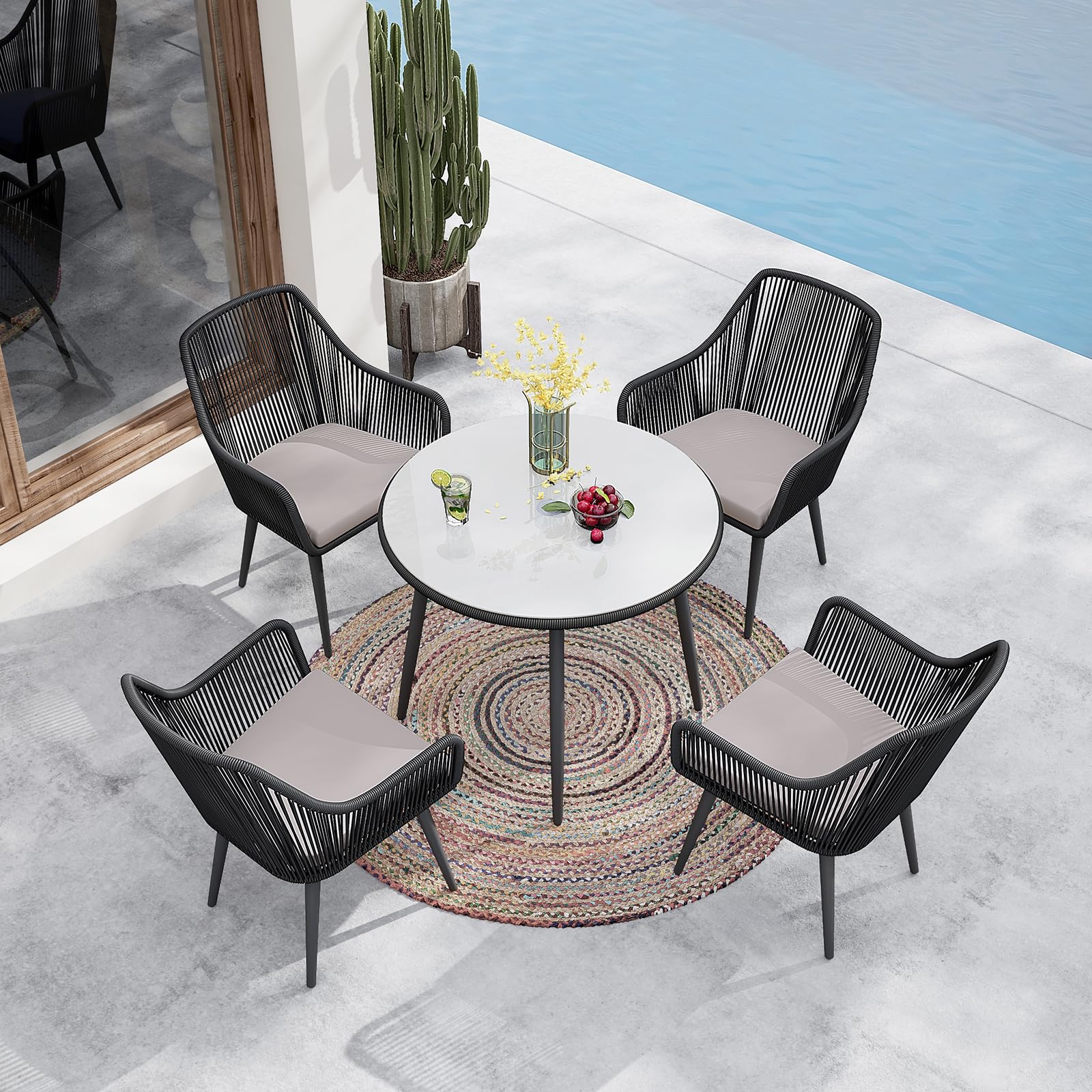 **4-Piece All-Weather Woven Rattan Patio Dining Chairs Set – Outdoor Wicker Chairs with Armrests for Balcony, Poolside, Backyard & Indoor Use (Black)**    *Perfect for alfresco dining, garden parties, or relaxing by the pool.*