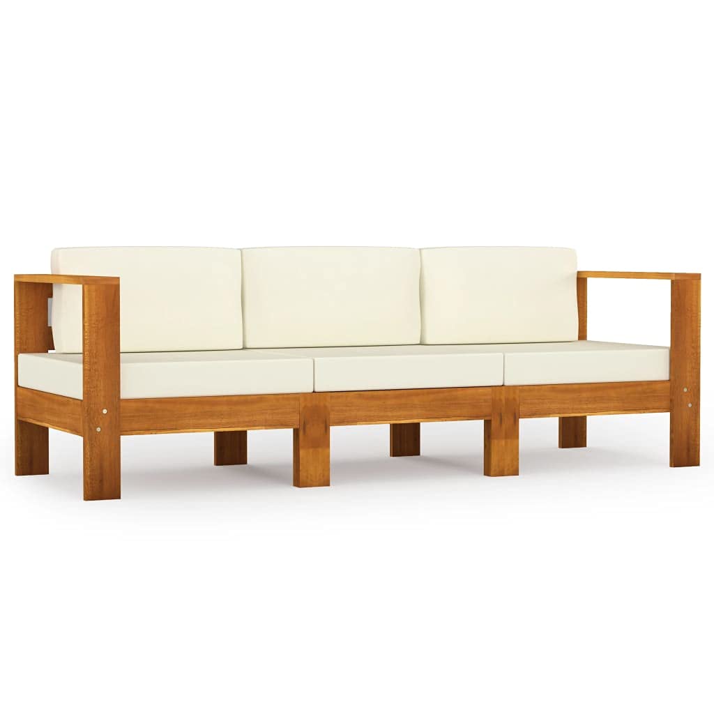Premium 3-Piece Outdoor Patio Furniture Set - Solid Acacia Wood Garden Sofa with Cream White Cushions, Water-Resistant 3-Seater Sectional Conversation Set for Backyard, Poolside & Patio Relaxation