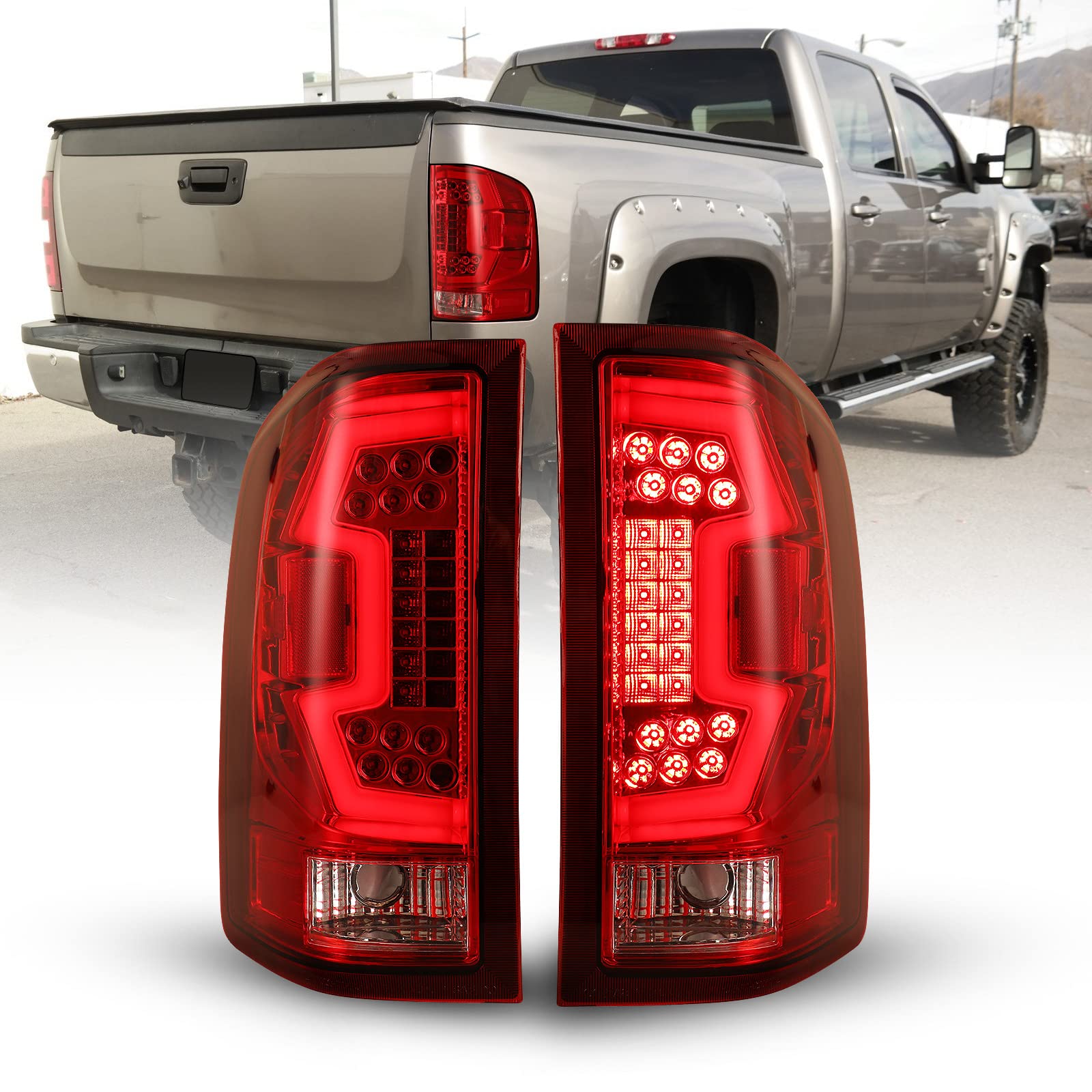 WOLFSTORM LED Tail Lights Assembly for 2007-2013 Chevy Silverado - Red Lens Replacement Pair (Not Compatible with GMC Sierra) | Durable & Bright LED Brake Lights for Night Driving & Enhanced Safety